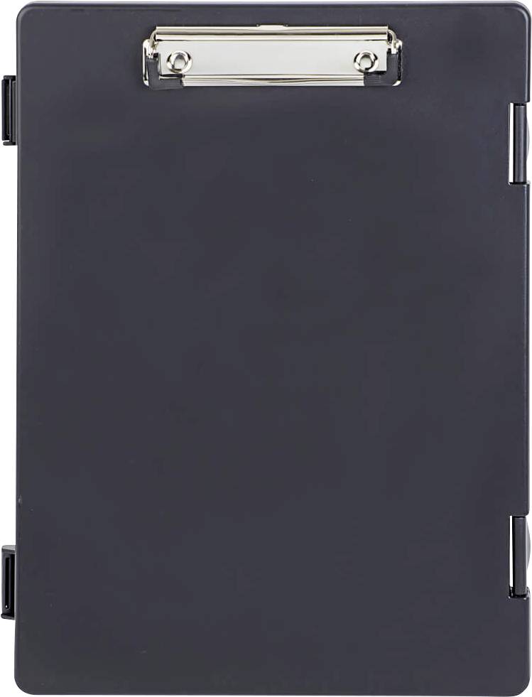 A black clipboard with a metal clip at the top, used for holding paper or documents.