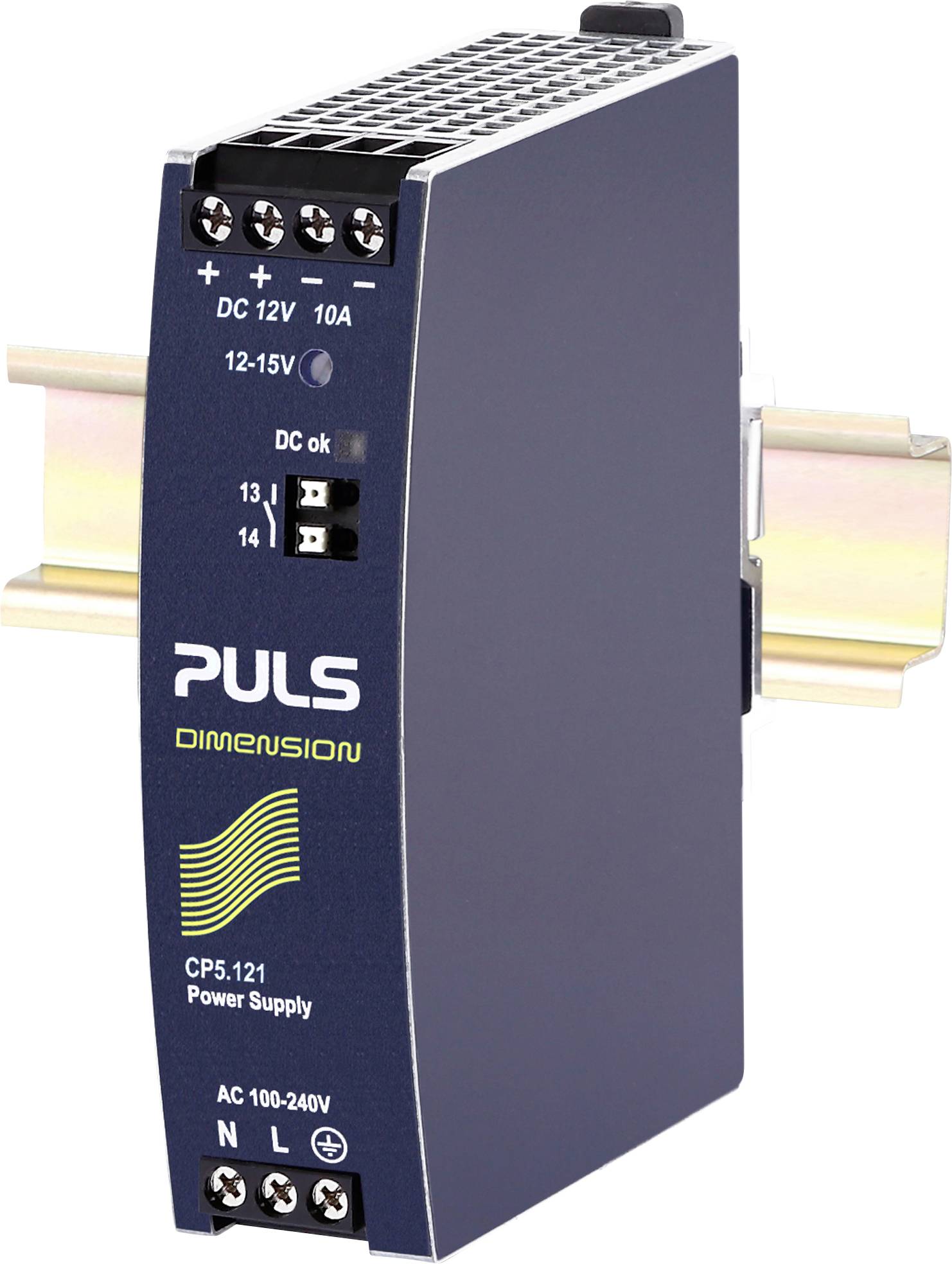 Power supply by Puls, model CP5.121, mounted on DIN rail. DC output 12V, 10A, AC input 100-240V. LED indicates 'DC ok'.