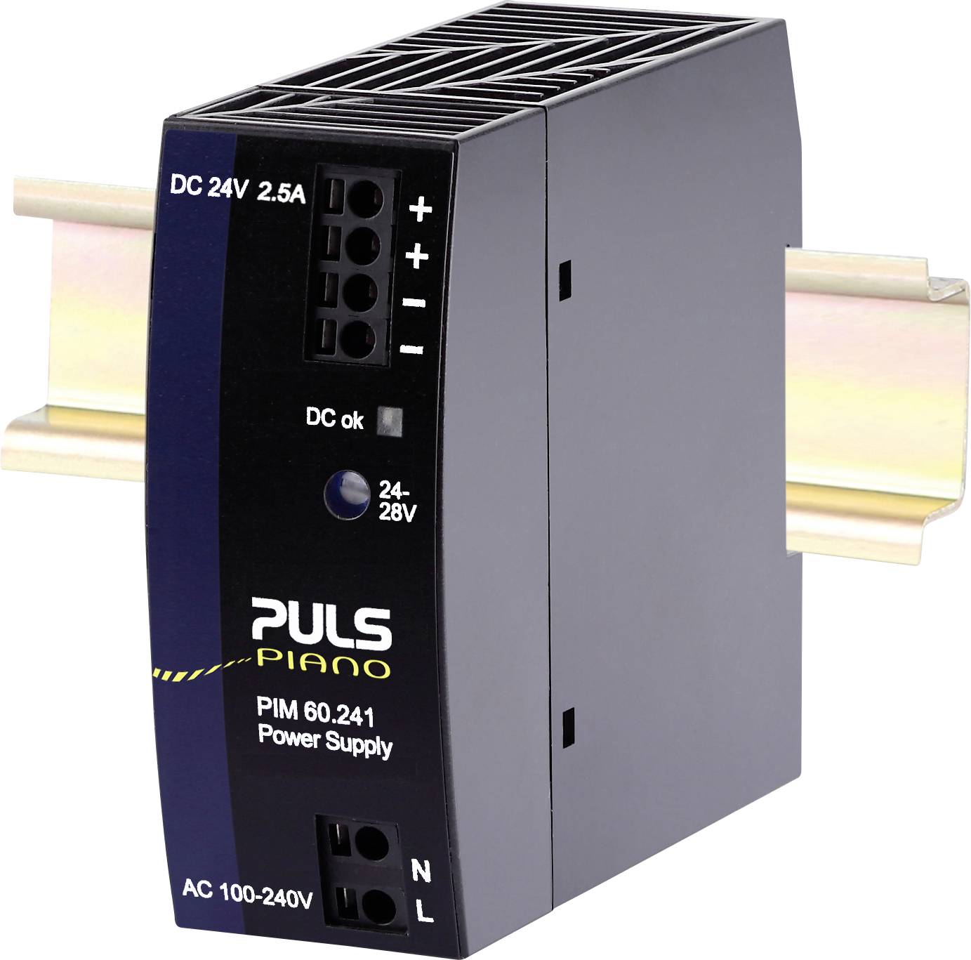'PULS PIANO PIM 60.241' Power Supply on DIN Rail, delivers DC 24V, 2.5A. Shows connections, positive and negative poles, and AC input 100-240V.