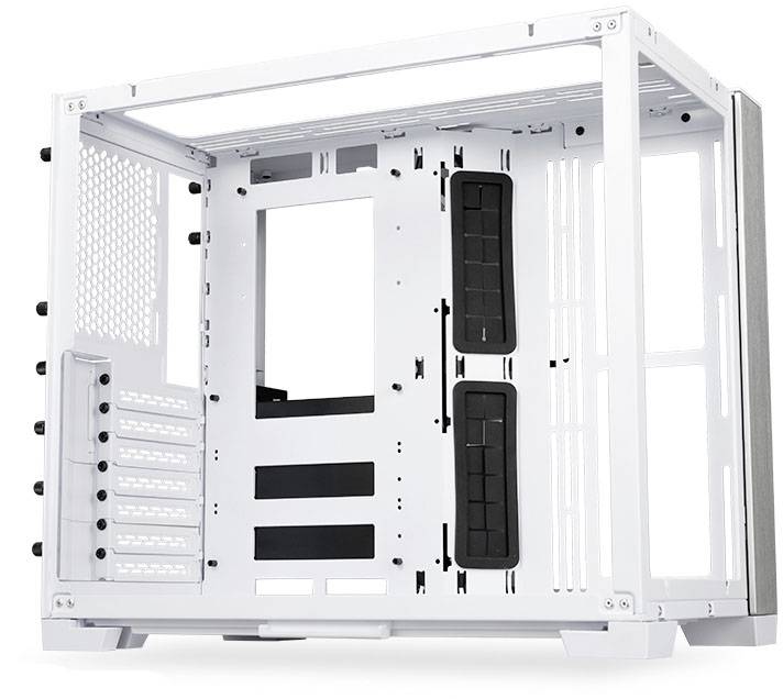 White PC case with an open interior, visible ventilation openings and expansion card slots.
