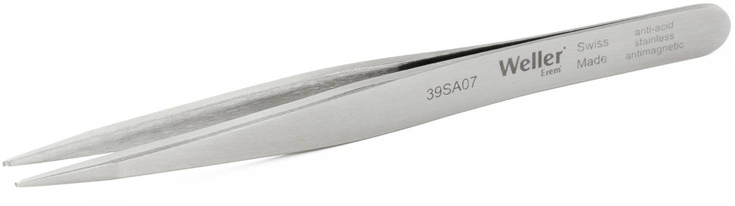 Silver pointed tweezers with 'Weller' inscription, 'Swiss Made'. Suitable for precision work.
