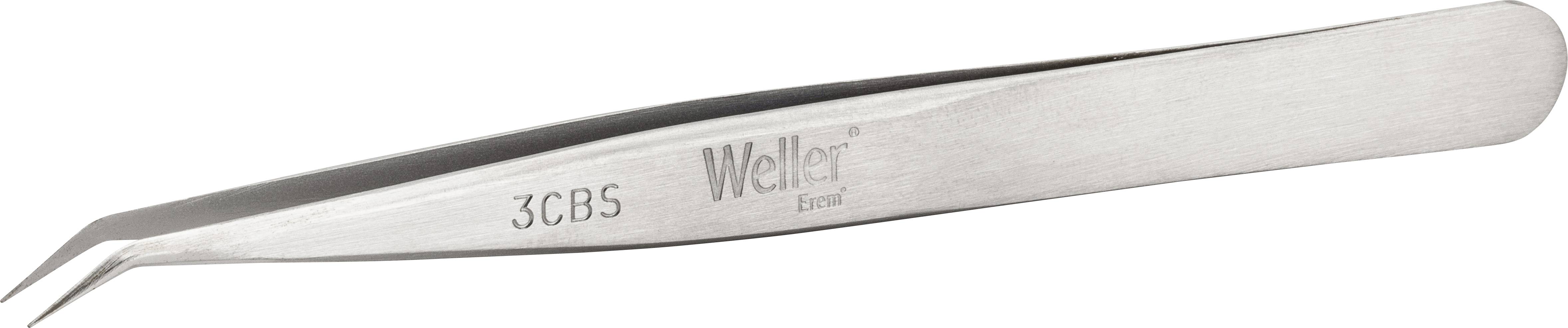 Silver tweezers, curved, with the inscription 'Weller' and '3CBS', suitable for fine work in electronics or precision mechanics.