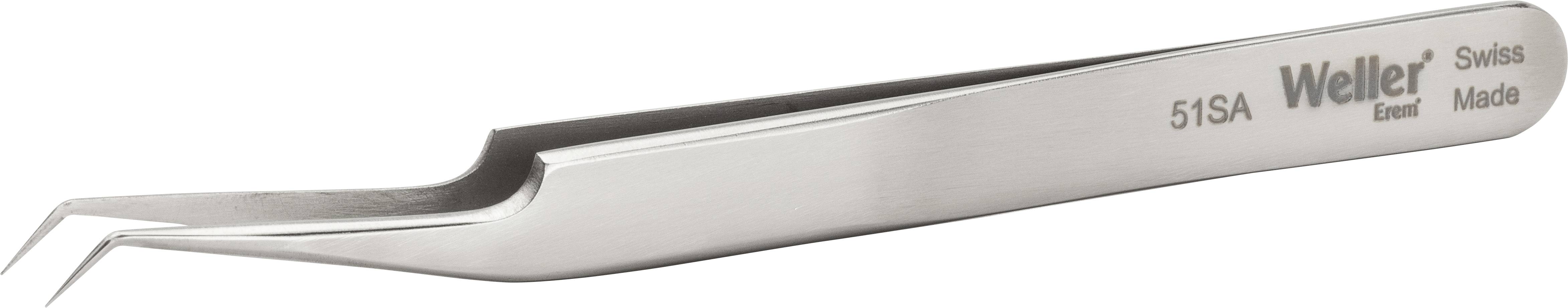 A stainless steel tweezers by 'Weller', model '51SA', Swiss manufacture, with a curved tip, suitable for precision work.