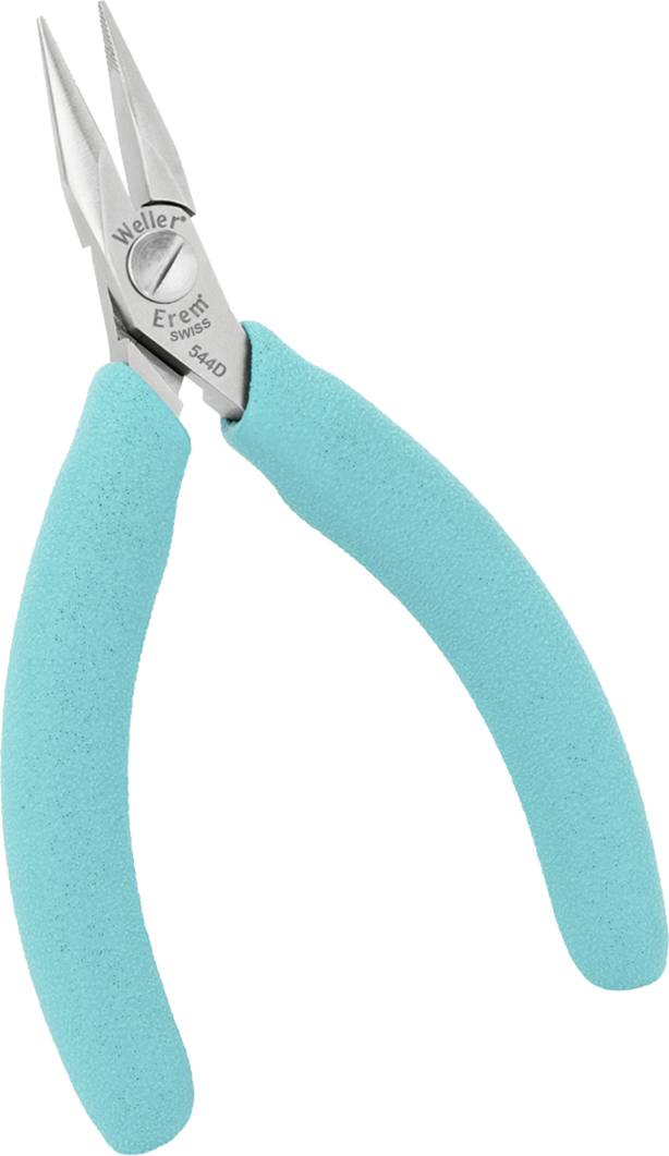 A pair of pliers with turquoise handles and pointed grips, suitable for precision work such as electronics assembly or jewellery making.