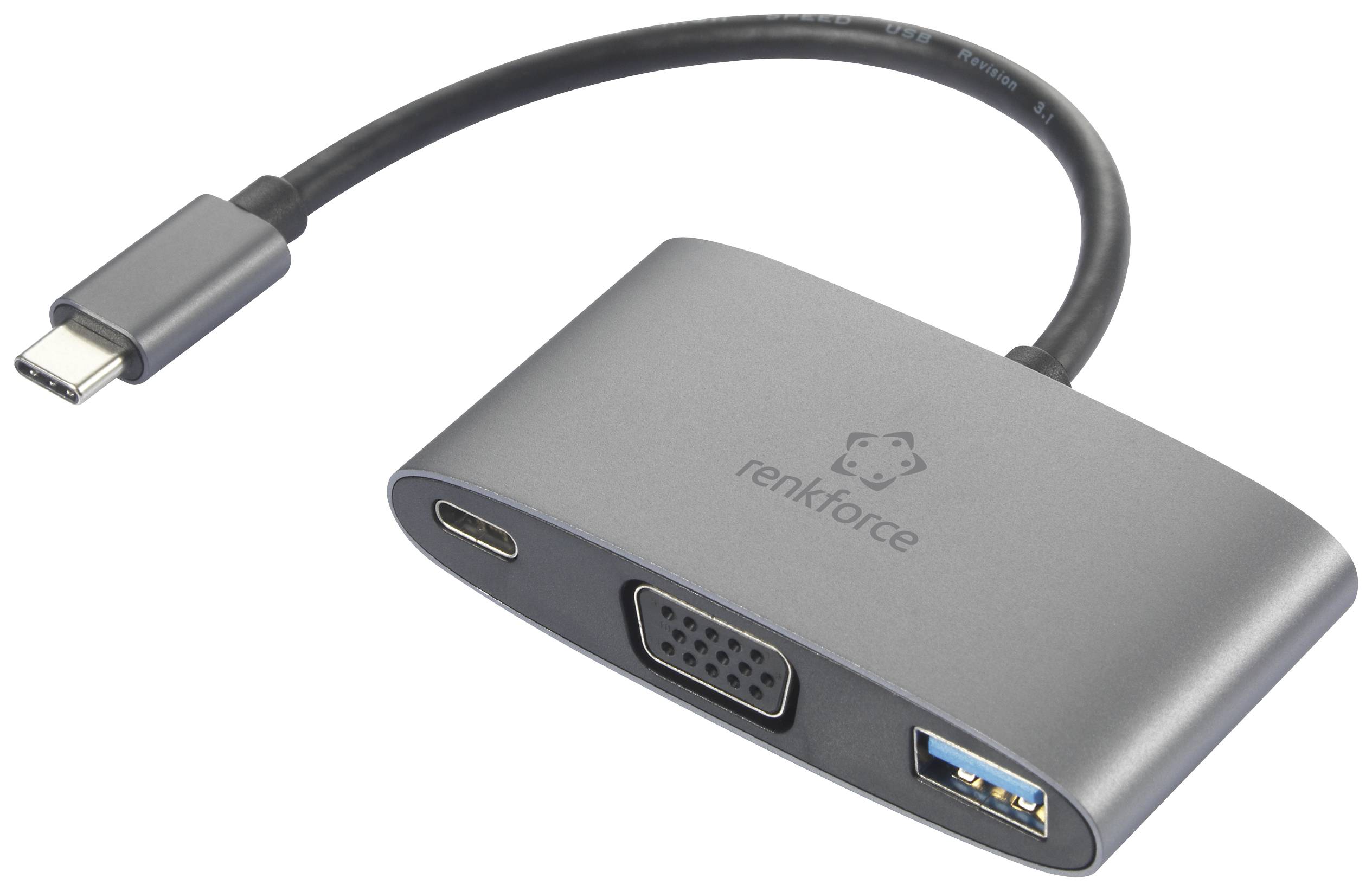 Adaptor with USB-C plug and three ports: USB-A, USB-C and VGA. Brand logo on the front side.