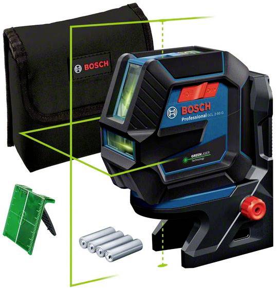 Bosch cross-line laser with case, target board and batteries. Device shows green horizontal and vertical lines for precise alignment.