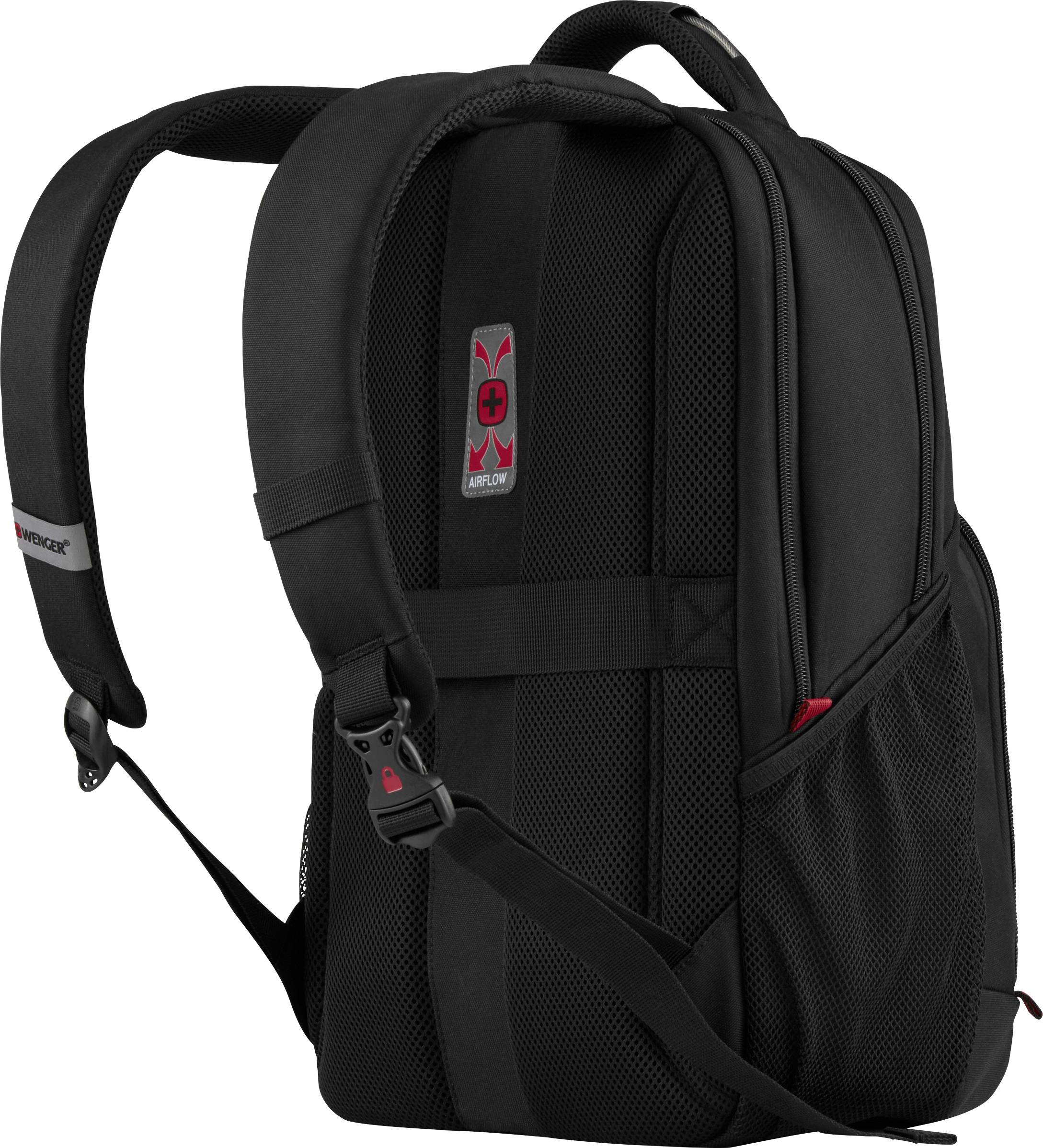 Black rucksack with padded shoulder straps and safety belts, suitable for laptops.