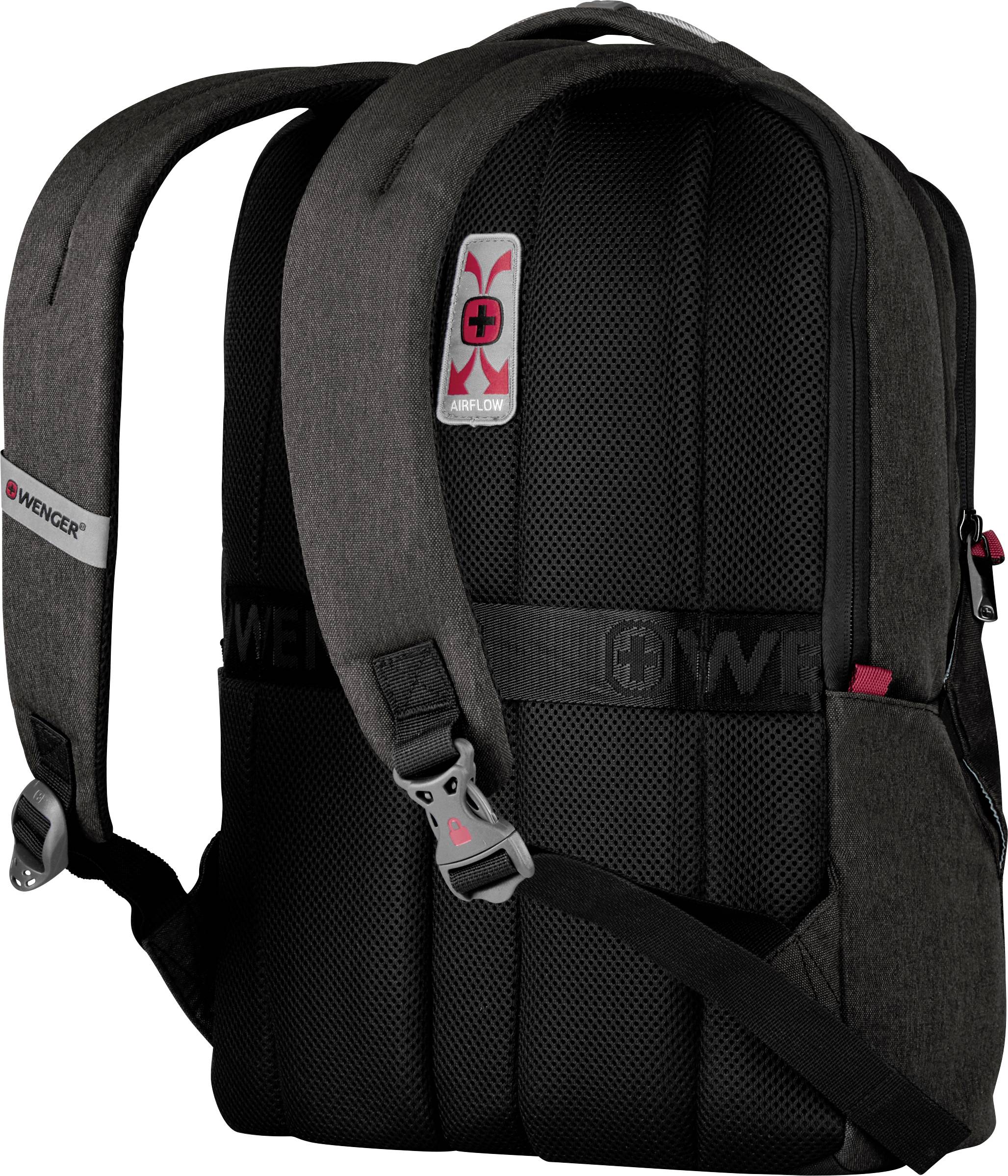 Black rucksack with ergonomic straps and ventilation system, brand logo visible. Suitable for daily use.
