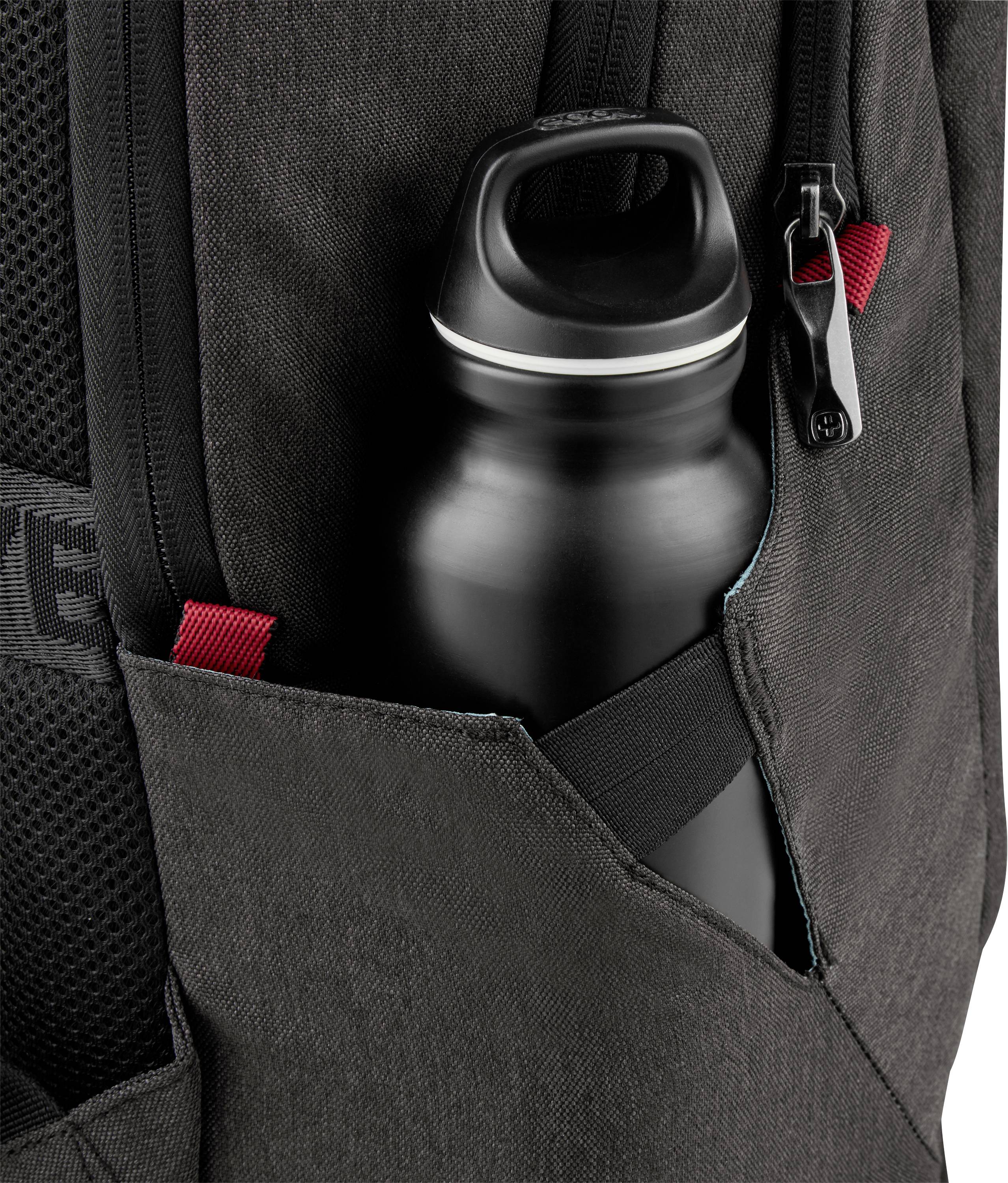 Black rucksack with a bottle in the side pocket, zips and red detail visible.
