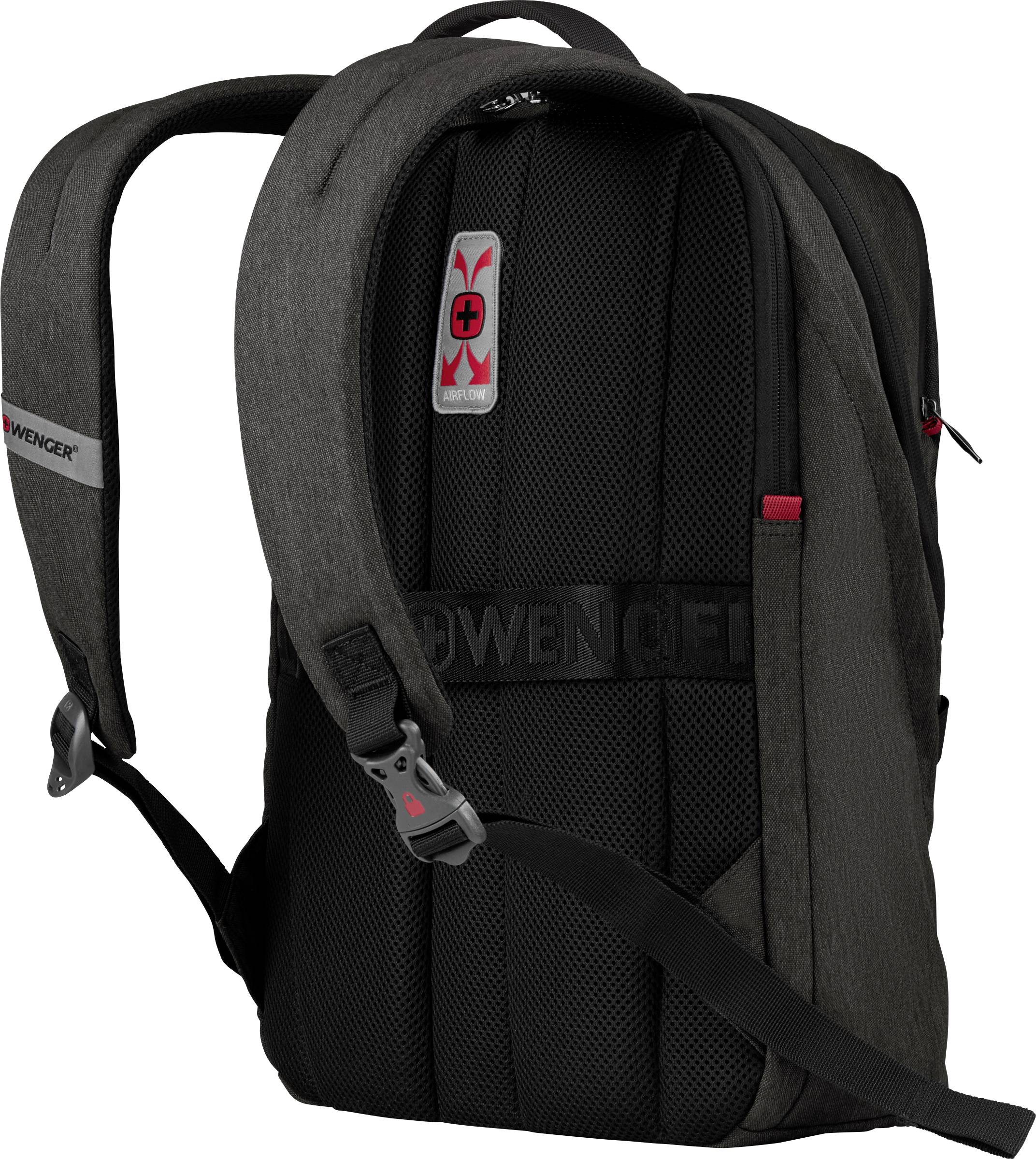 Black Wenger rucksack with ergonomic straps and multiple compartments, suitable for laptops and everyday use.