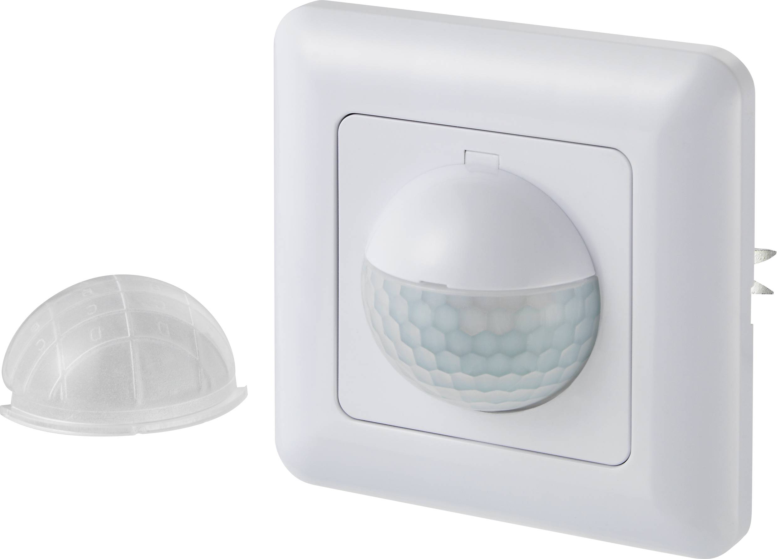 A white motion sensor in a wall mount with a removable, dome-shaped cover part beside it.