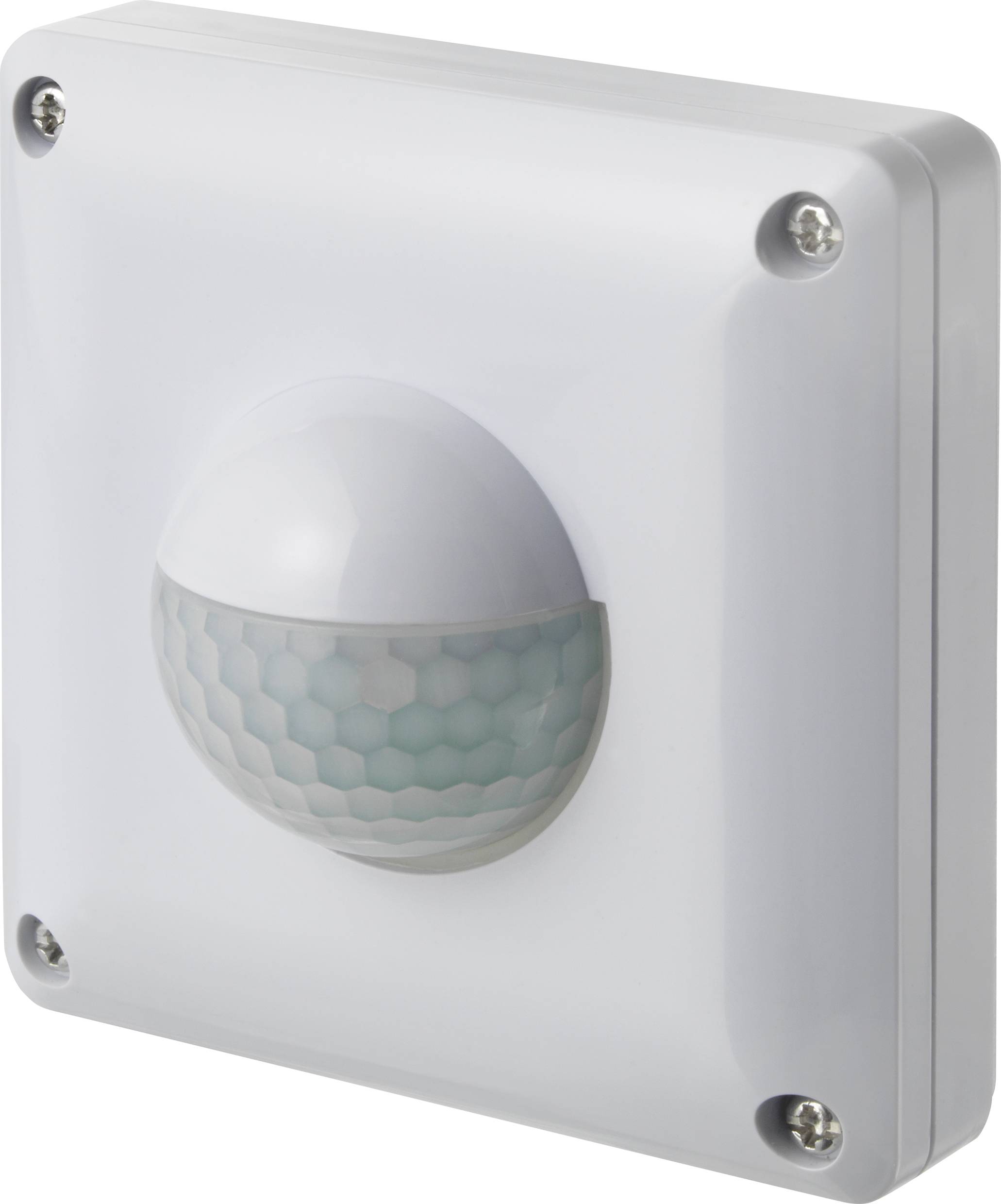 A white motion sensor on the wall, with a semi-spherical, honeycomb-like lens in the centre for detecting movement.