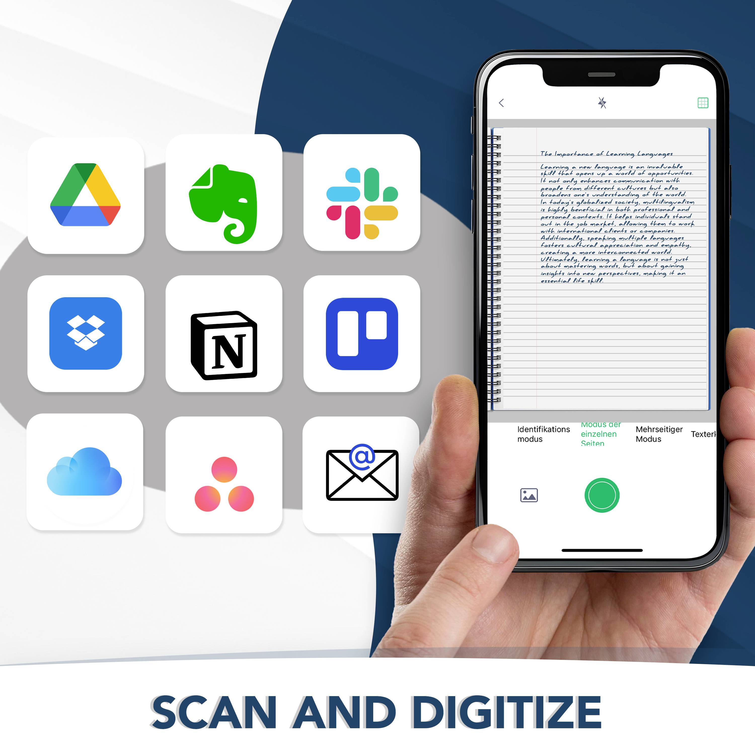 'Scan and Digitize' concept with a smartphone displaying a scanning app. Various productivity app icons are in the background.