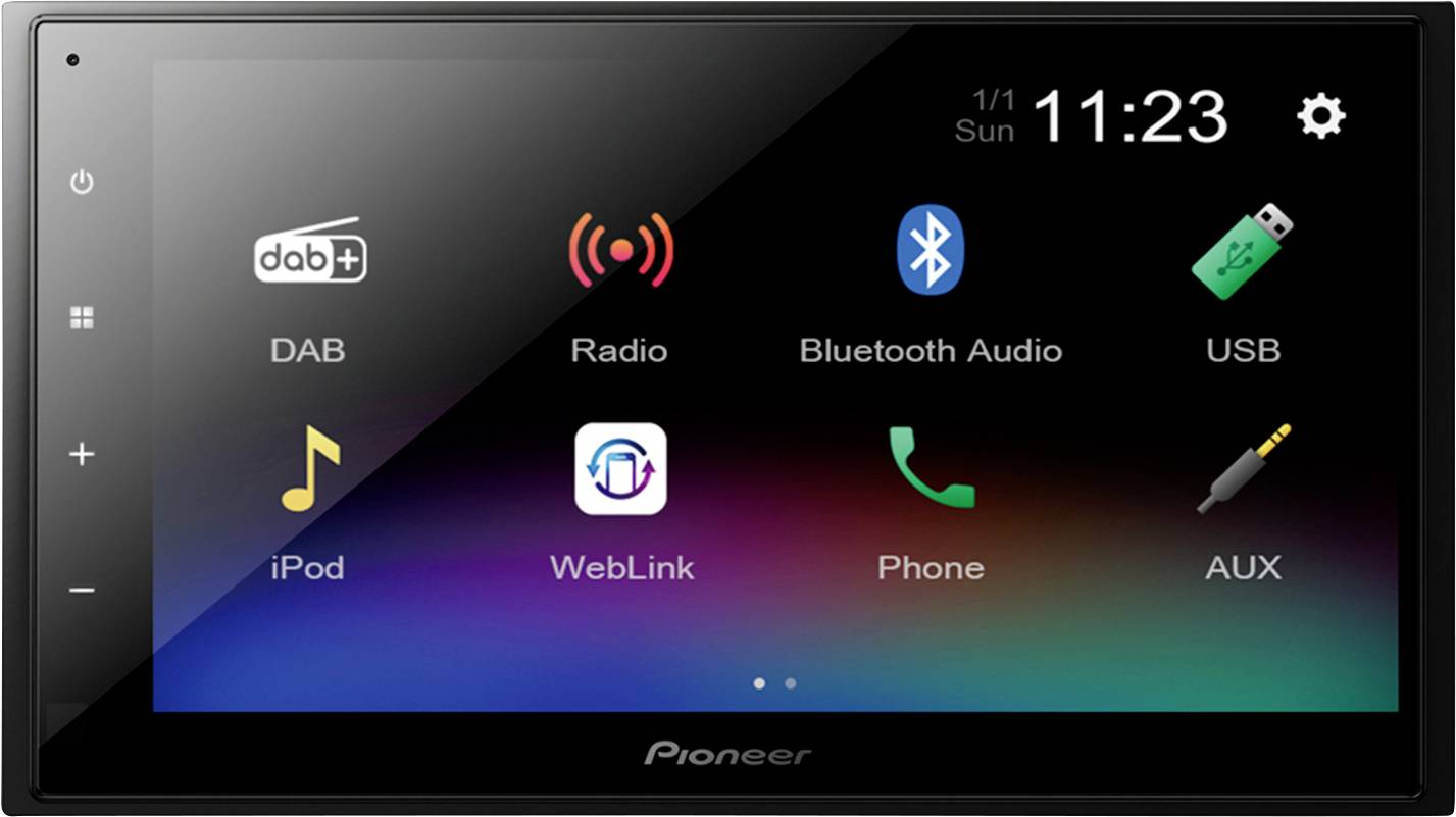 A car infotainment system with apps for DAB, radio, Bluetooth, USB, iPod, WebLink, telephone and AUX adorns the screen.