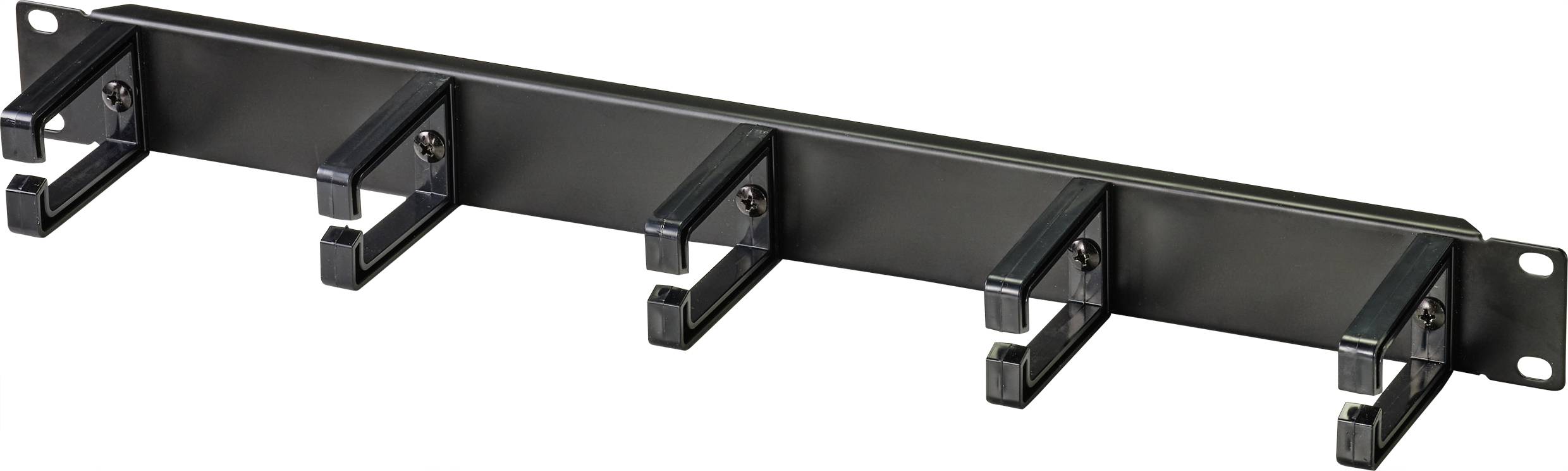 Black cable holder for wall mounting with multiple hooks for organised cable storage.