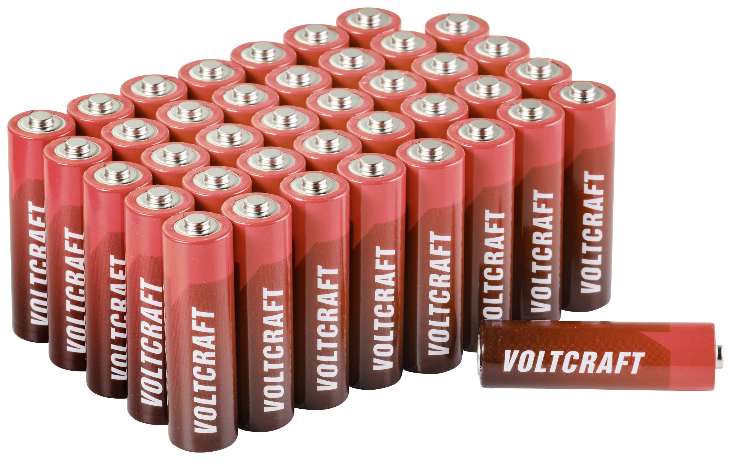 Duracell batteries in a stacked formation, lying flat, with visible brand inscription 'Voltcraft'.
