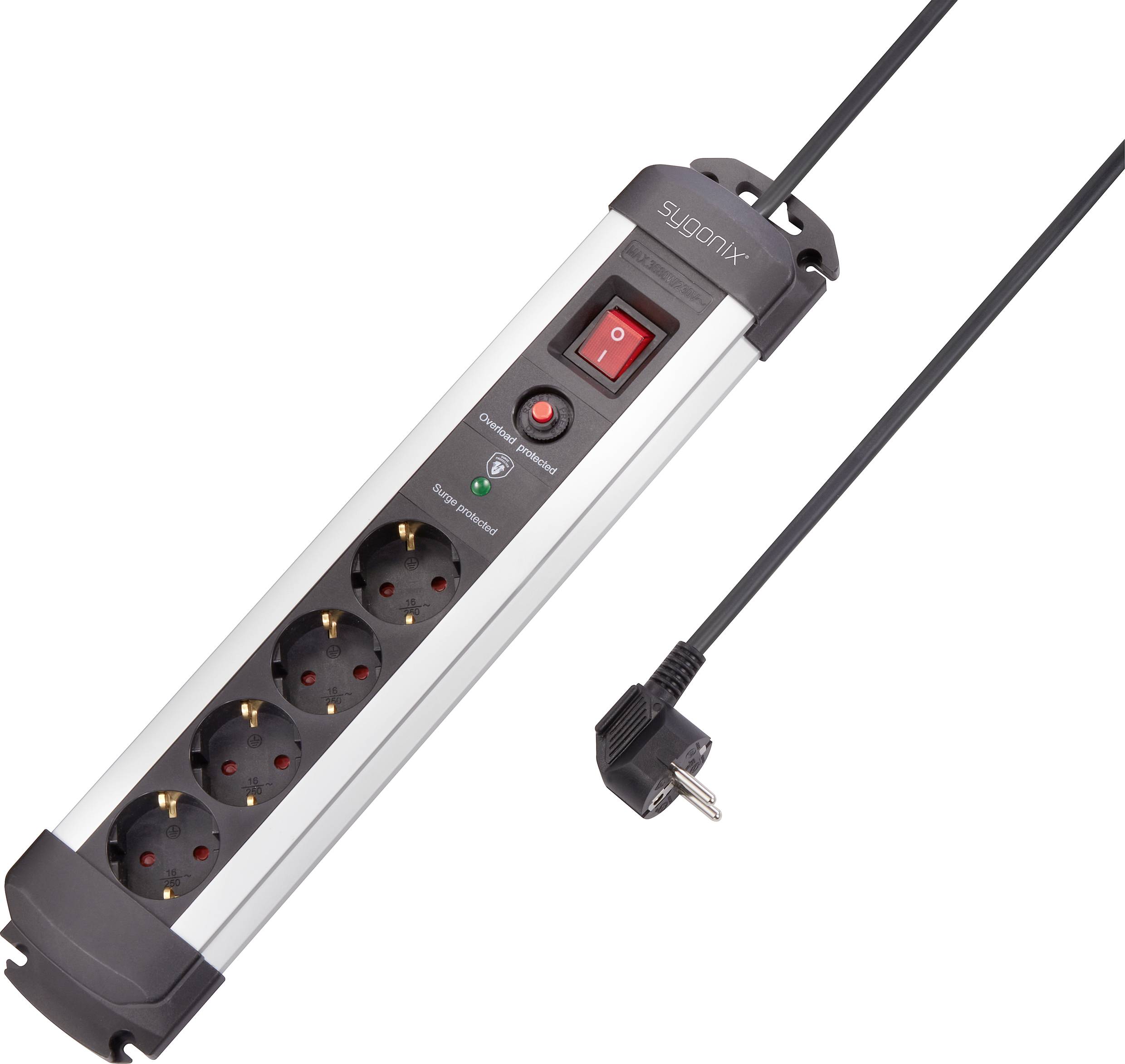 Five-way extension socket with illuminated power switch, surge protection, and black cable with plug.