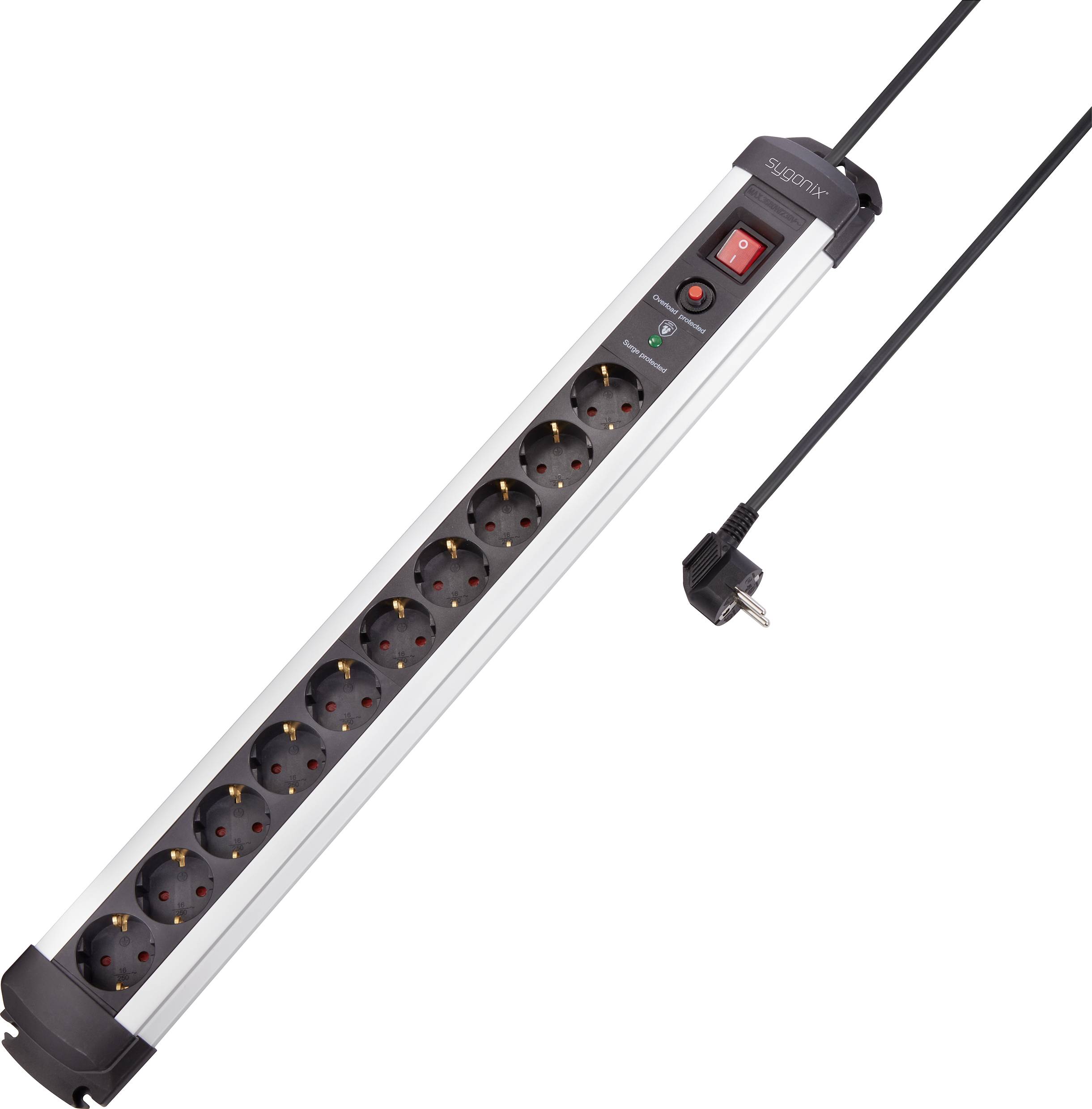 A silver-black multi-socket power strip with ten socket outlets, a red on/off switch, and a black power cable with plug.
