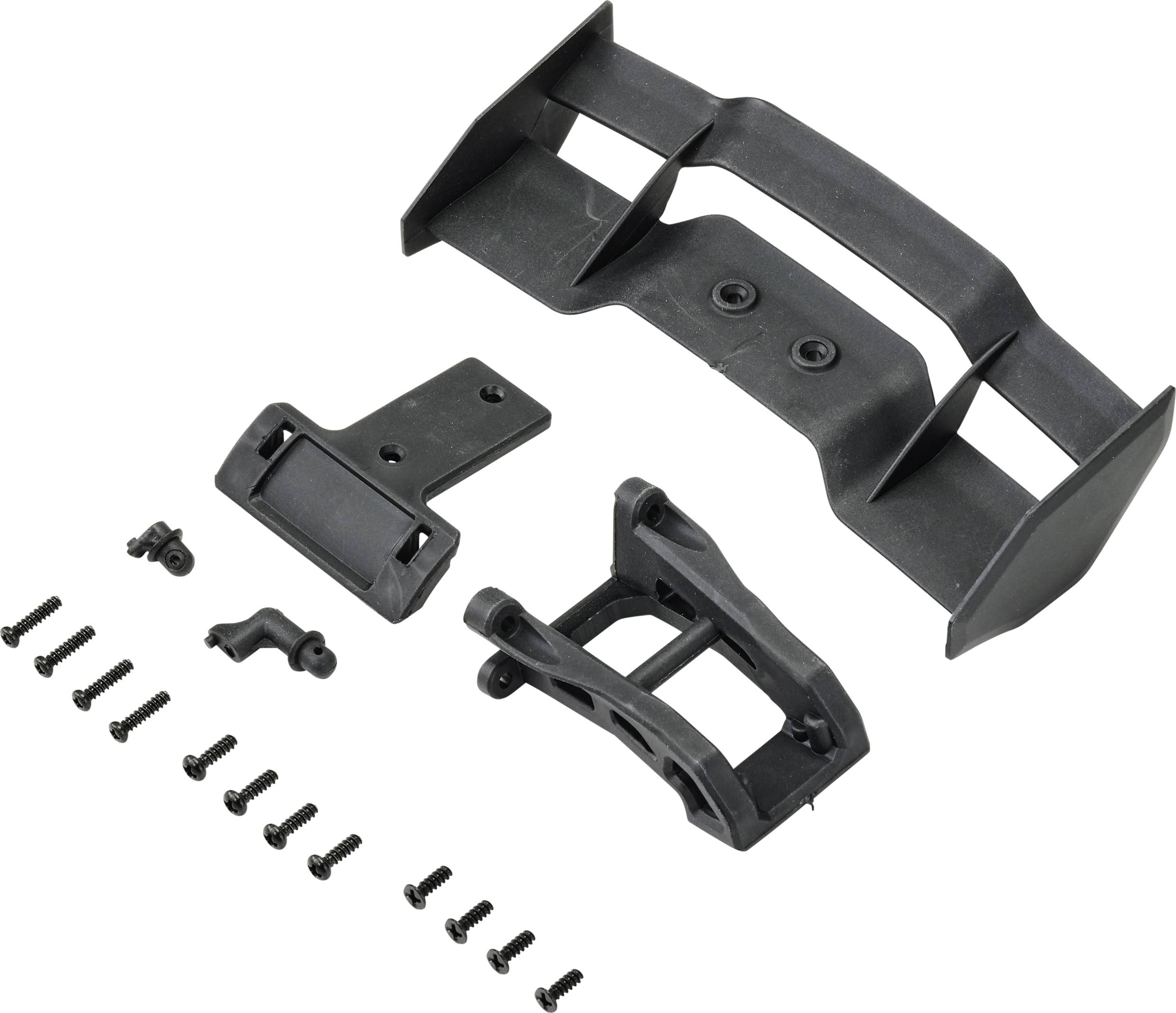 A black plastic construction kit with multiple components and screws, ready for assembly. Includes main piece, mounting bracket, and various small parts.