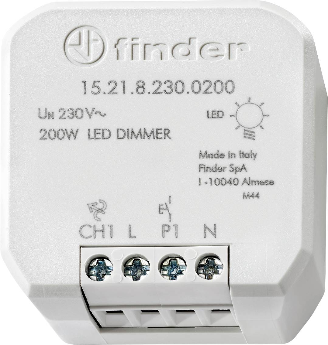 A white LED dimmer for 230V, up to 200W. Labelled with 'Finder 15.21.8.230.0200'. Equipped with connections and manufactured in Italy.