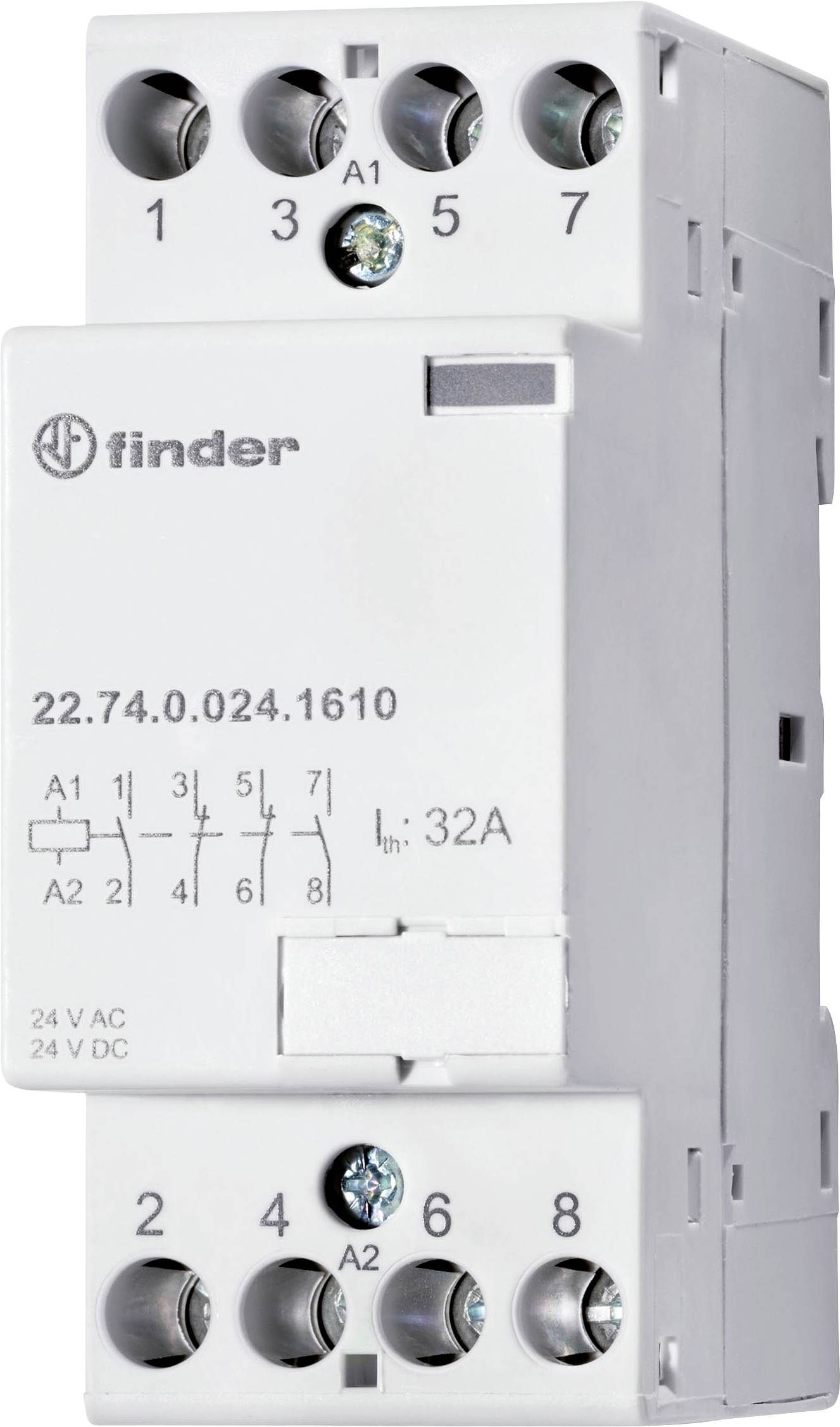 A Finder relay with a voltage of 24V AC/DC and a current rating of 32A, suitable for mounting on a DIN rail.