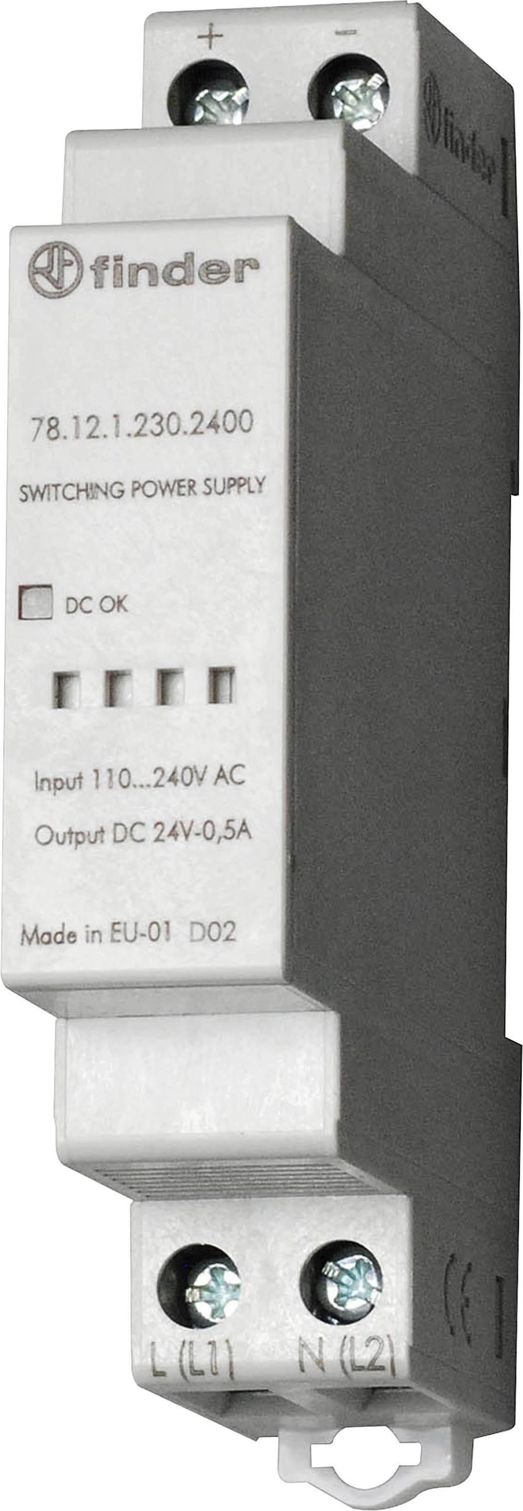 A silver switched-mode power supply by Finder, model 78.12.1.230.2400, with input range 110-240V AC and output 24V DC, 0.5A.