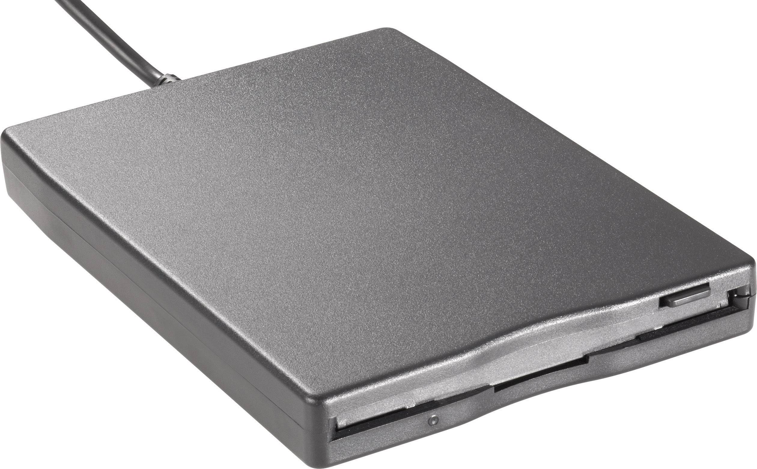 External floppy disk drive in a rectangular shape, connected with a cable.