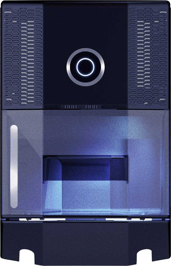 A modern water filter with a round, illuminated display in the centre. The device has a transparent reservoir at the bottom.