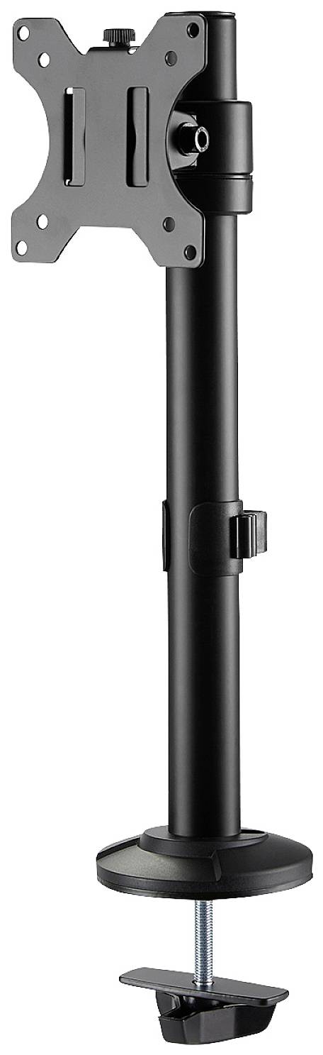 A black metal monitor stand, suitable for mounting on desk edges, allows height adjustment and screen swivelling.