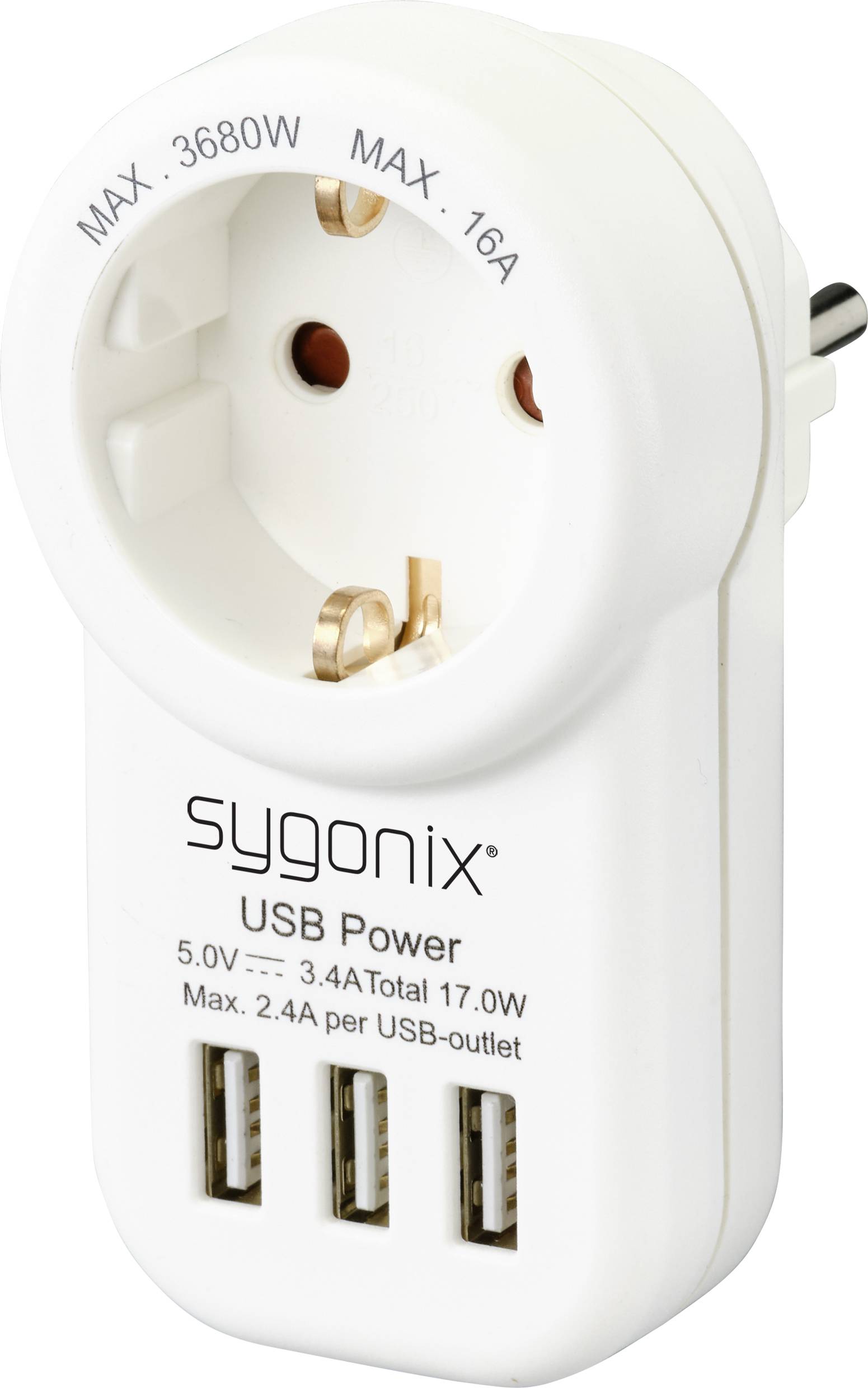 White adapter with socket and three USB ports. Labels show maximum power: 3680W, 16A, USB 5V, 3.4A.