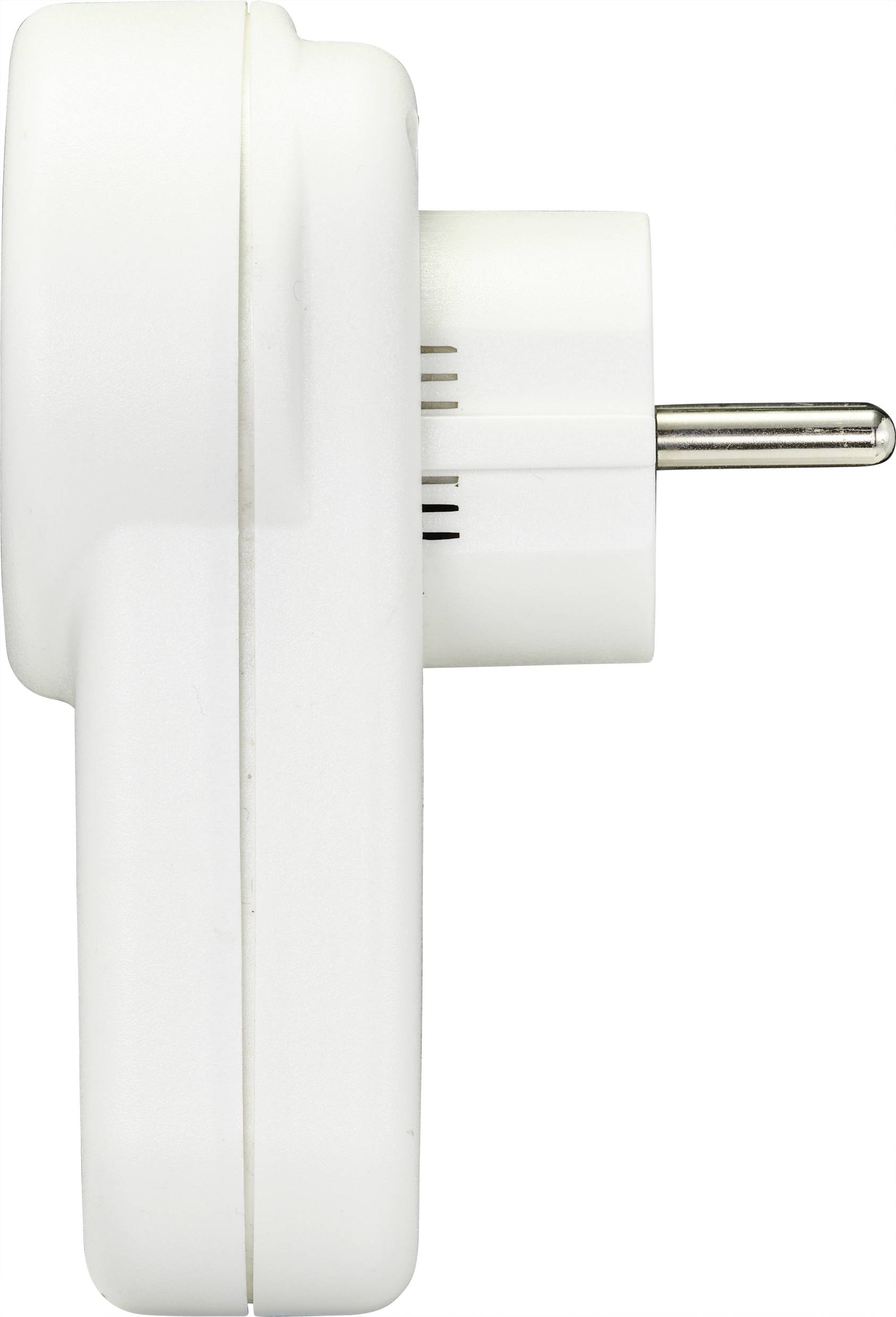White, side-mounted socket with plug pin centrally positioned prominently in the image, suitable for the European market.