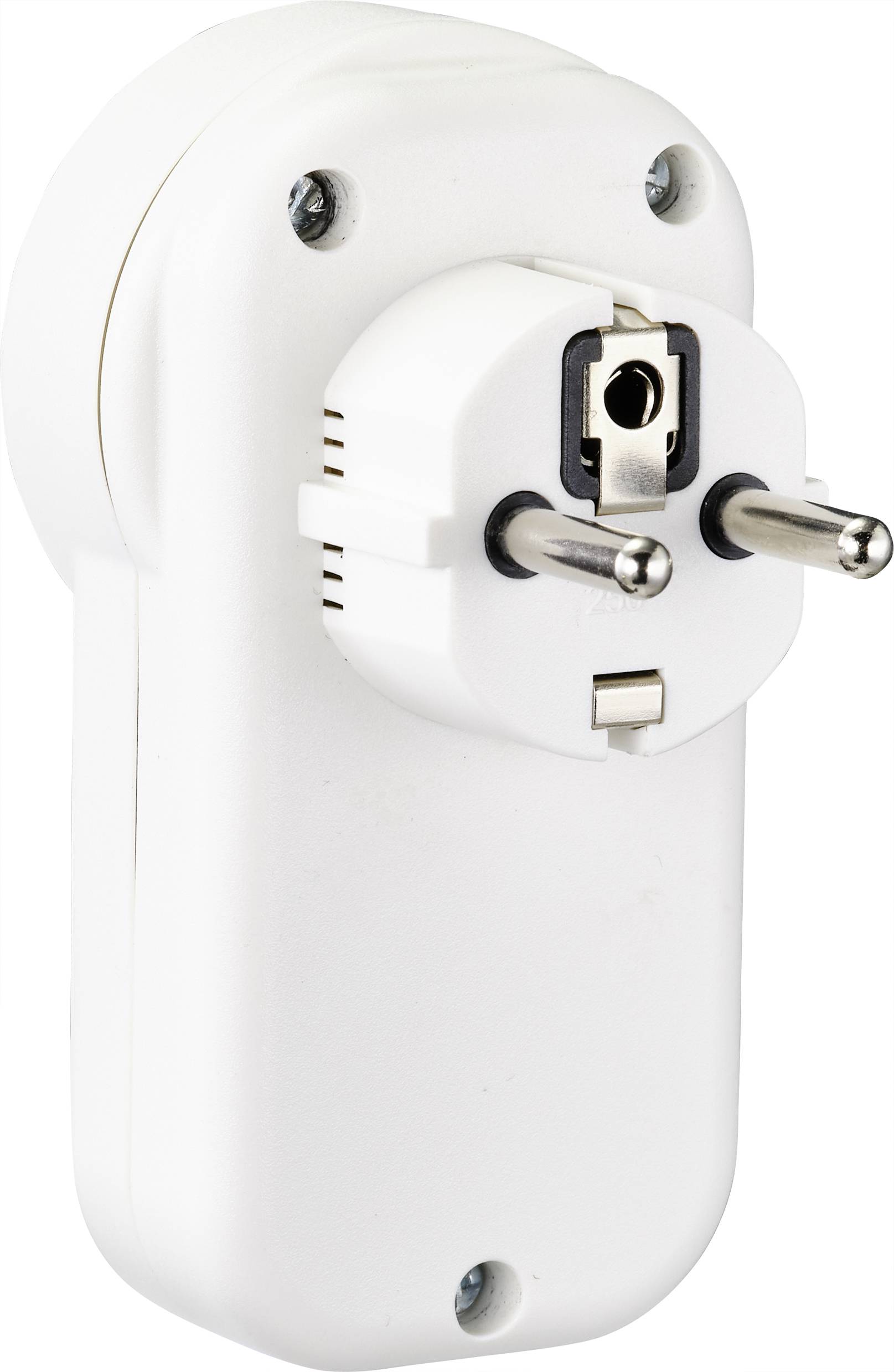 A white in-line adaptor with a socket and plug, used for extending or controlling electrical devices.