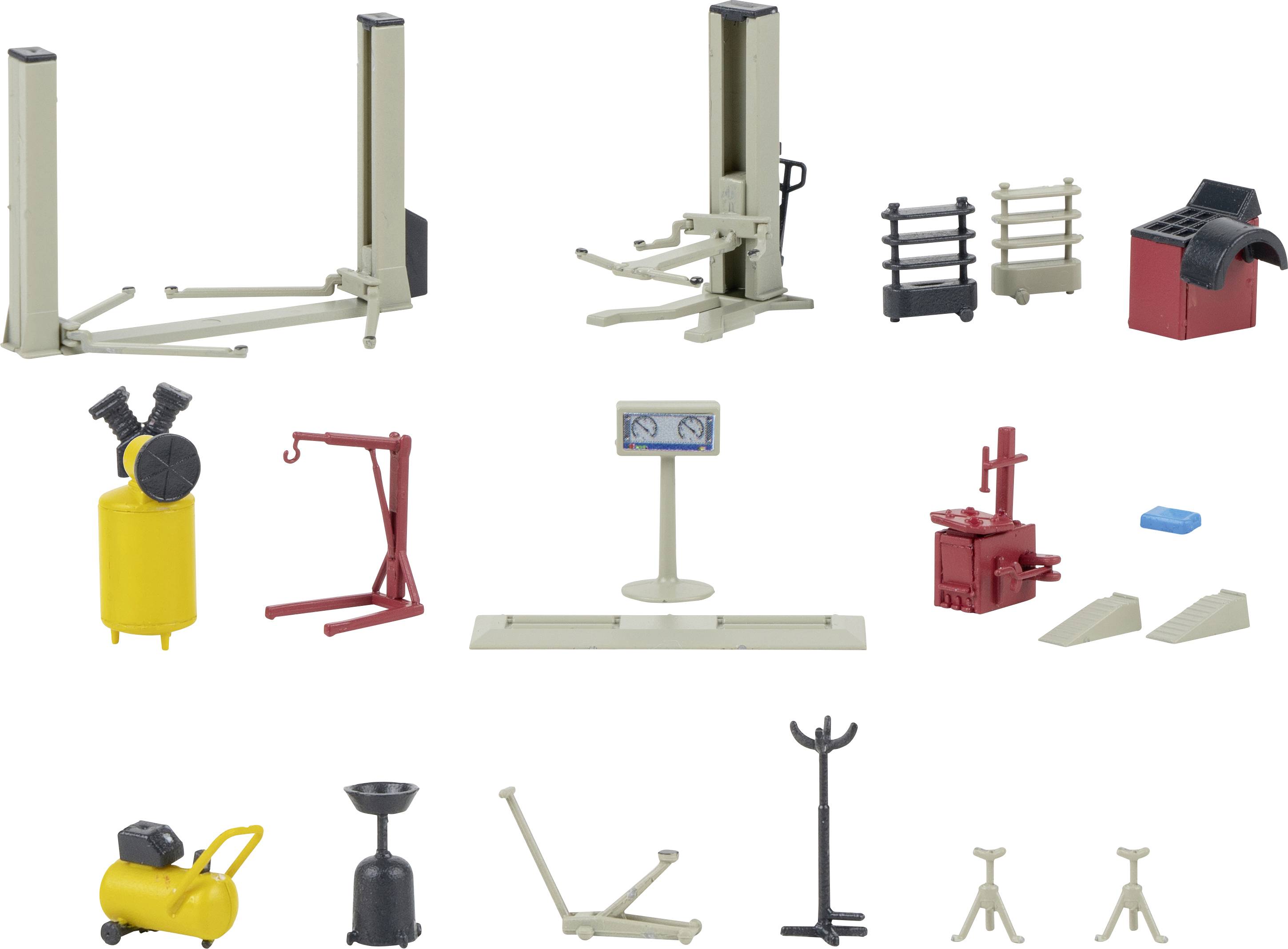 Various model-making tools and equipment such as lifting platforms, compressor and other accessories, displayed on a white background.
