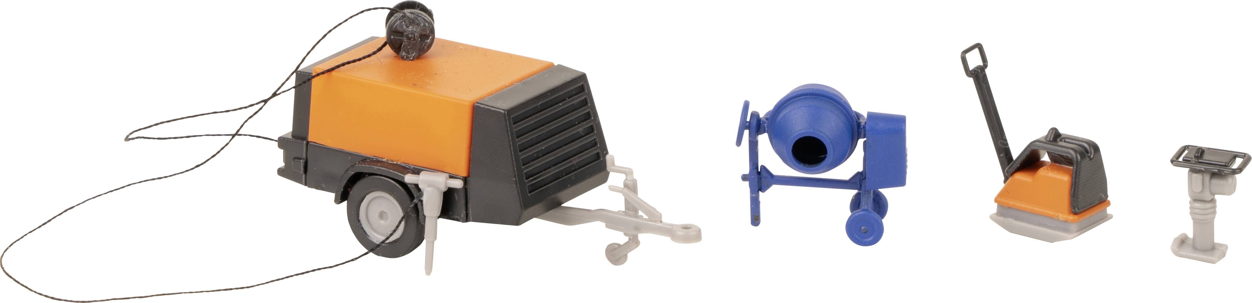 Toy Construction Machinery: An orange air compressor, a blue concrete mixer, a vibrating plate and a compactor.