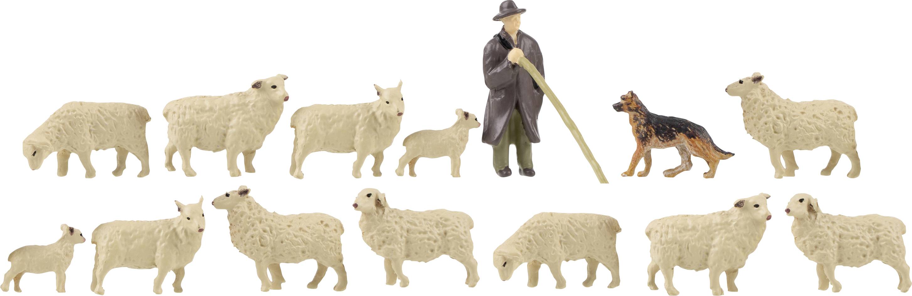A shepherd with a staff stands beside a sheepdog, surrounded by a flock of twelve sheep on a white background.
