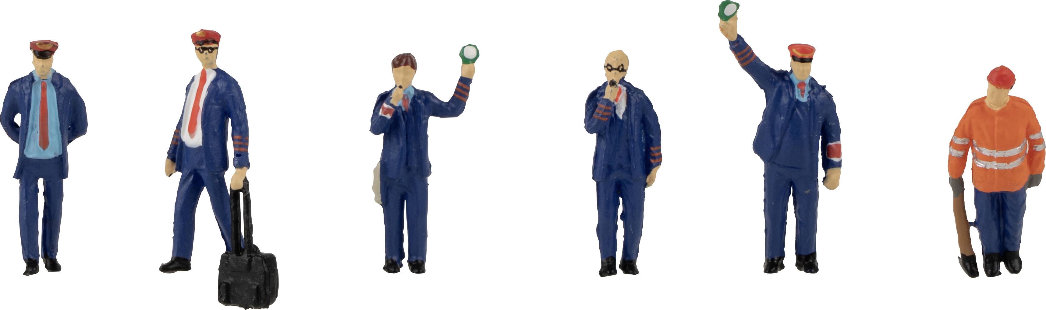 Six figures in railway uniforms, some with bags or walkie-talkies, stand side by side. They are wearing blue suits or orange hi-vis vests.