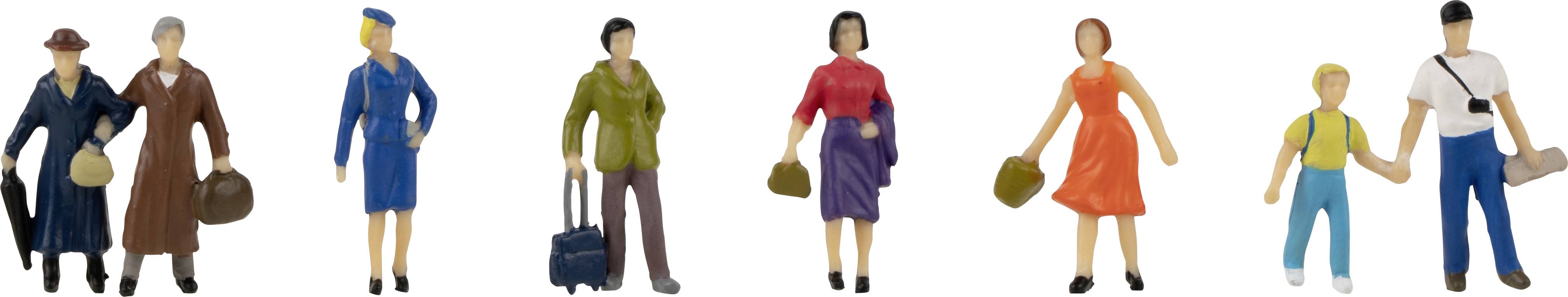 Small figures in different professions and outfits. From left to right: Male with hat, female in uniform, male with briefcase, female in red top, female in dress, child with adult.