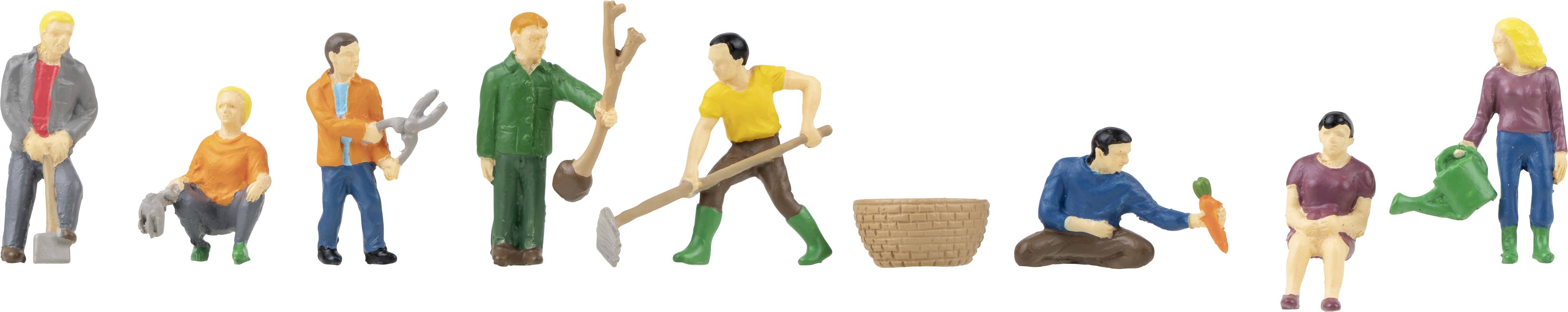 Small figures carrying out various gardening tasks, such as digging, planting, watering and harvesting.
