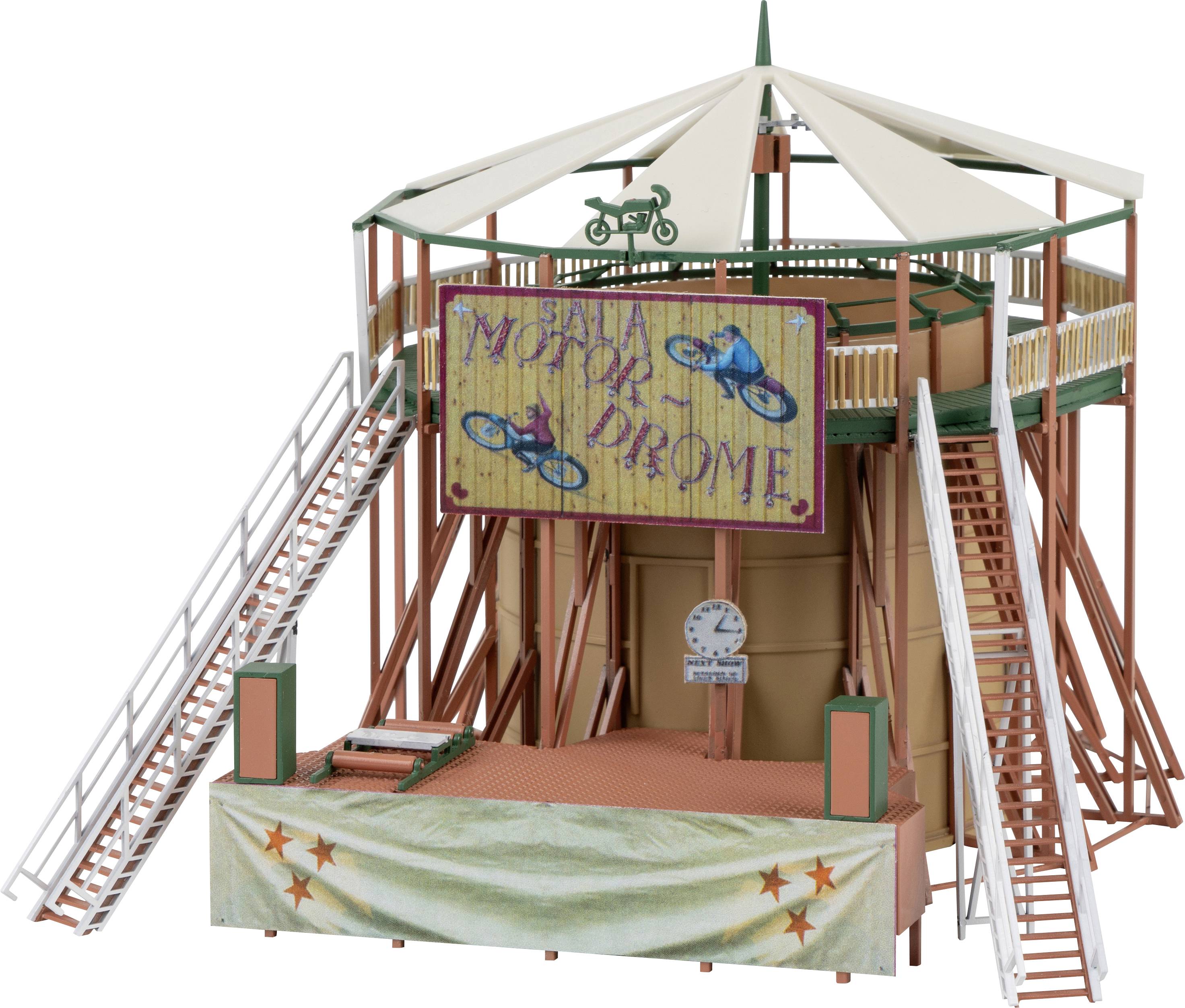 A model of a 'Wall of Death' motorcycle course, with steep steps and a painted sign as the main attraction.