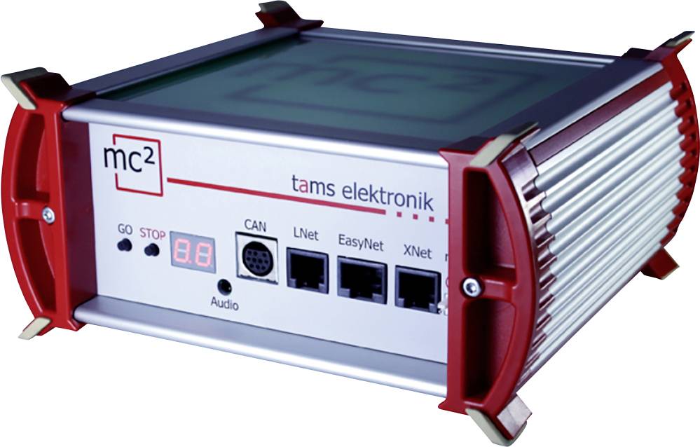 A red and silver electronic enclosure with multiple interfaces, including 'CAN', 'LNet', 'EasyNet' and 'XNet', from Tams Electronics.