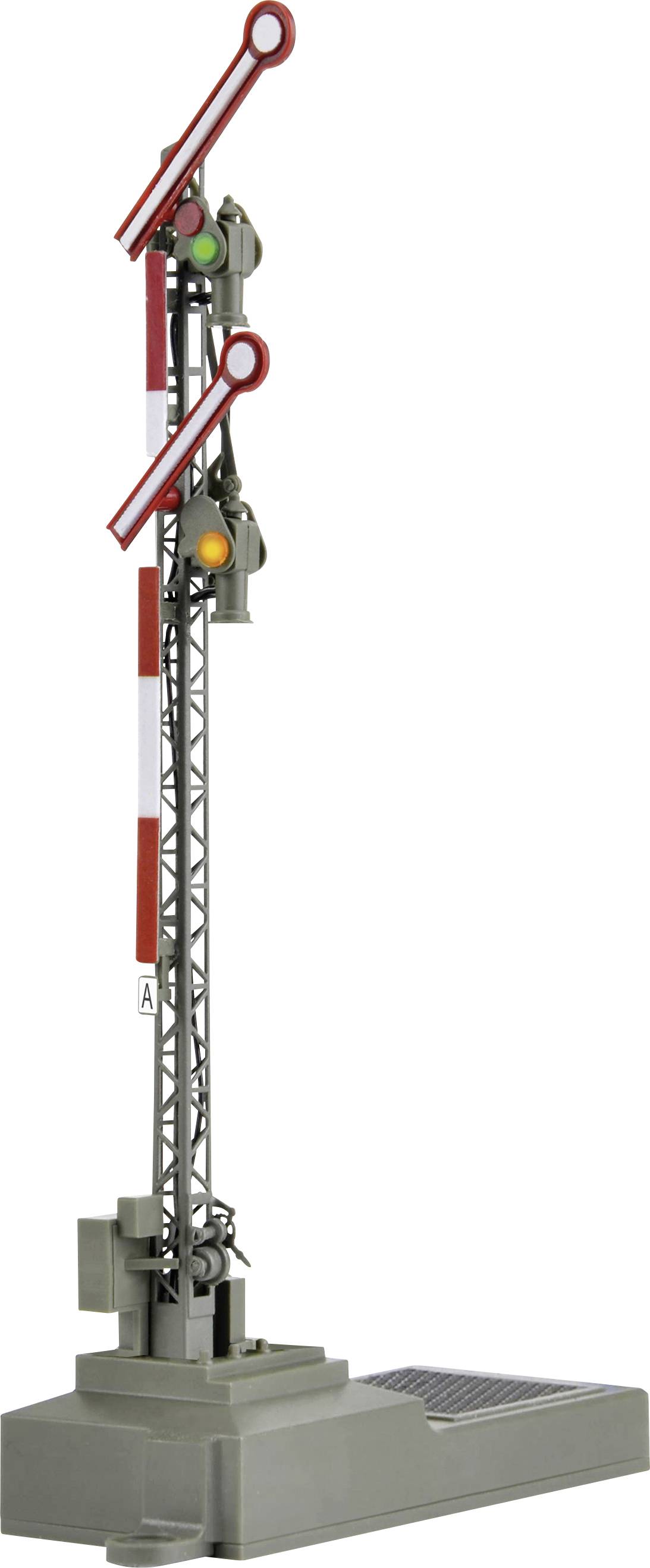 Railway signal with two movable arms, which are marked red and white, mounted on a grey base. Indicators show stop signal.