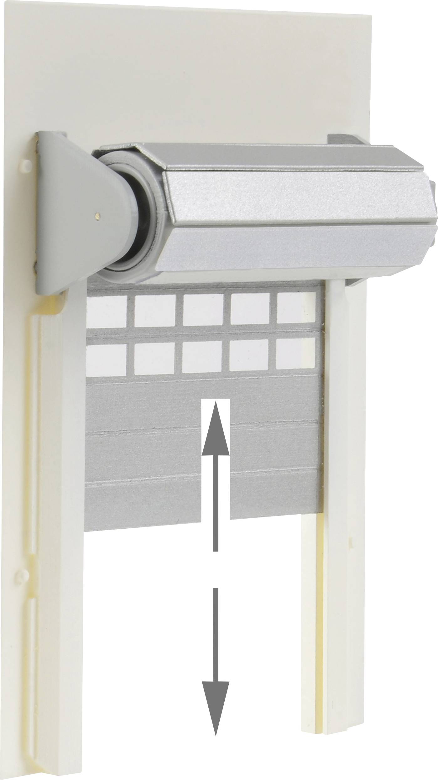 A model of an electric roller shutter demonstrates the movement from top to bottom using a double-headed arrow.