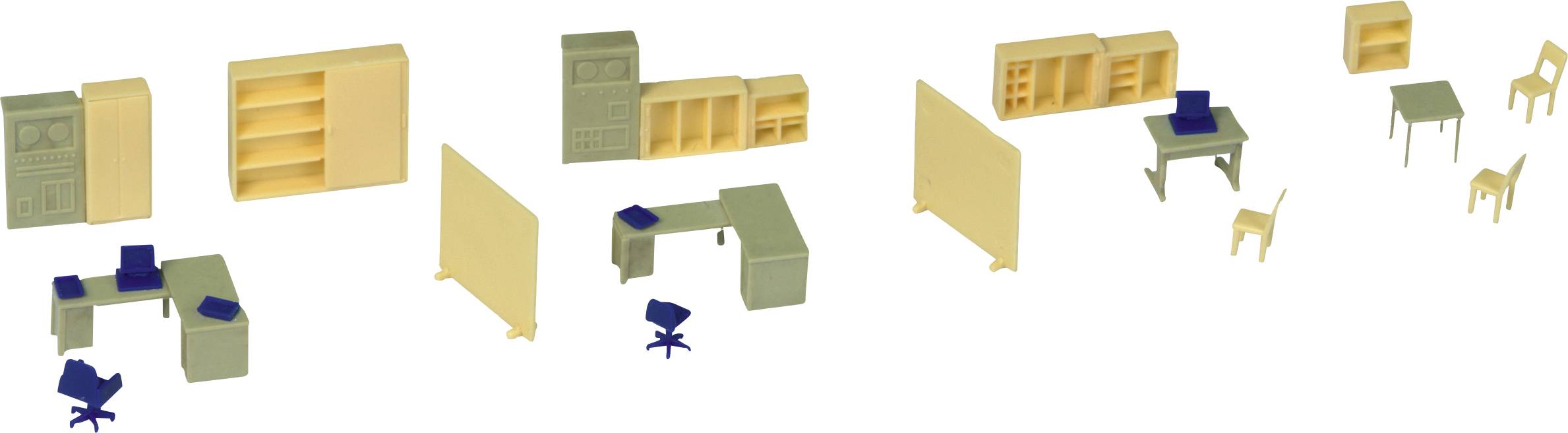 Floor plans of office spaces with desks, chairs, and shelves in various arrangements.