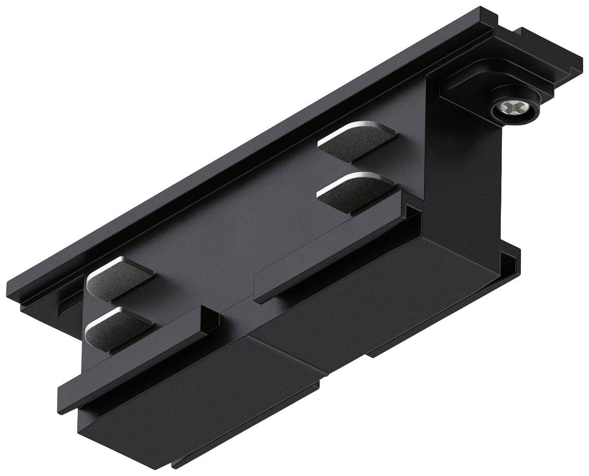 Black, trapezoidal mounting element with multiple plug connections and a screw, presumably for installation in technical equipment.