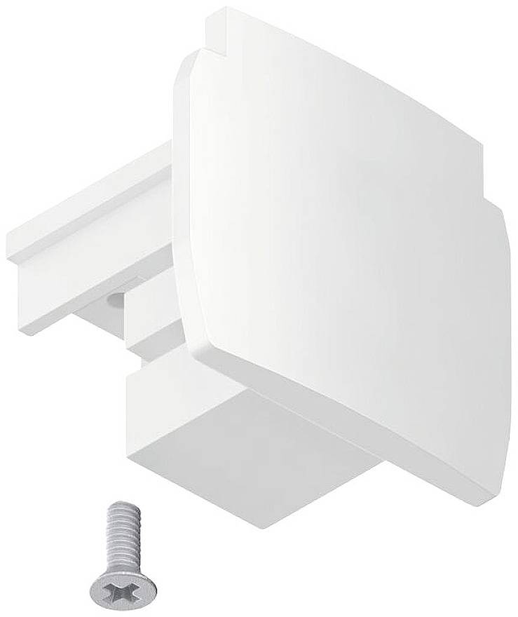 White furniture fitting with a rectangular shape and rounded edges, shown with an accompanying screw for fixing.