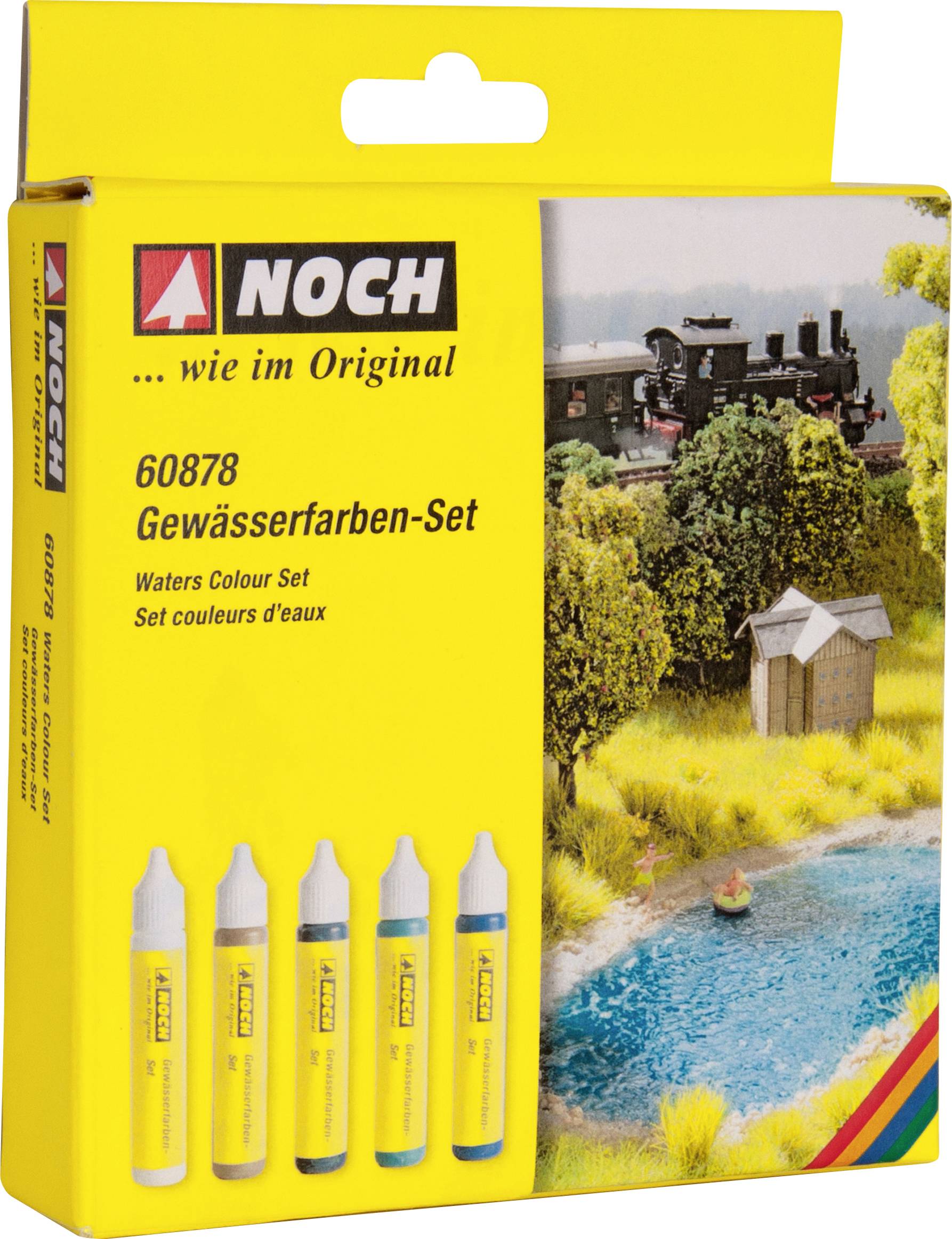 'NOCH Water Colour Set' packaging featuring an illustration of a landscape with a pond and railway. Contains five colour tubes in various blue and green shades.
