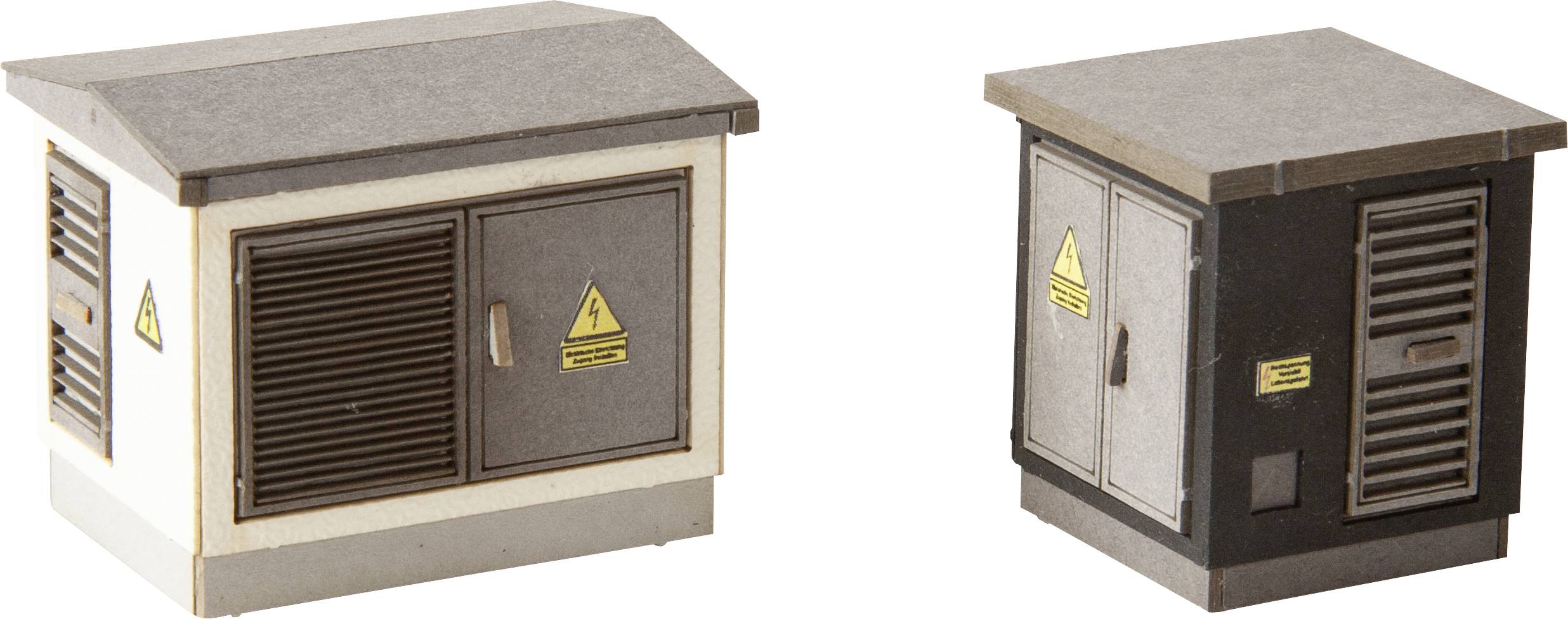 Two model technical buildings with electrical warning signs. On the left, white with a brown door, on the right, black with a grey door.