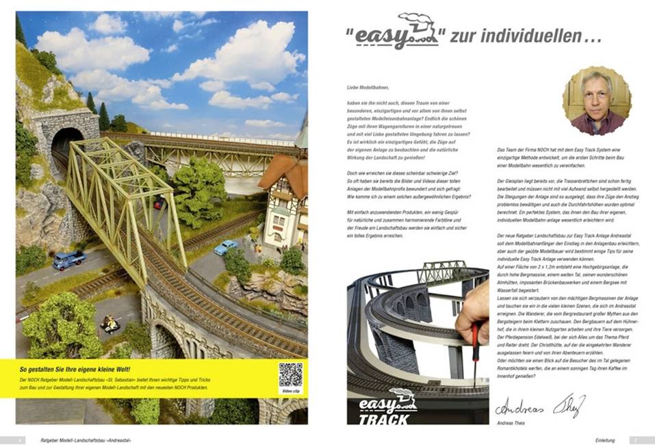 'A model railway layout with a bridge and landscape. Text on the right about 'easyTRACK' customisation options and a portrait photograph.'