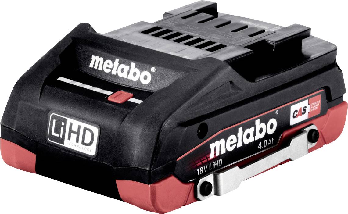 Metabo LiHD 18V 4.0Ah rechargeable tool battery pack, black and red with visible brand labels.