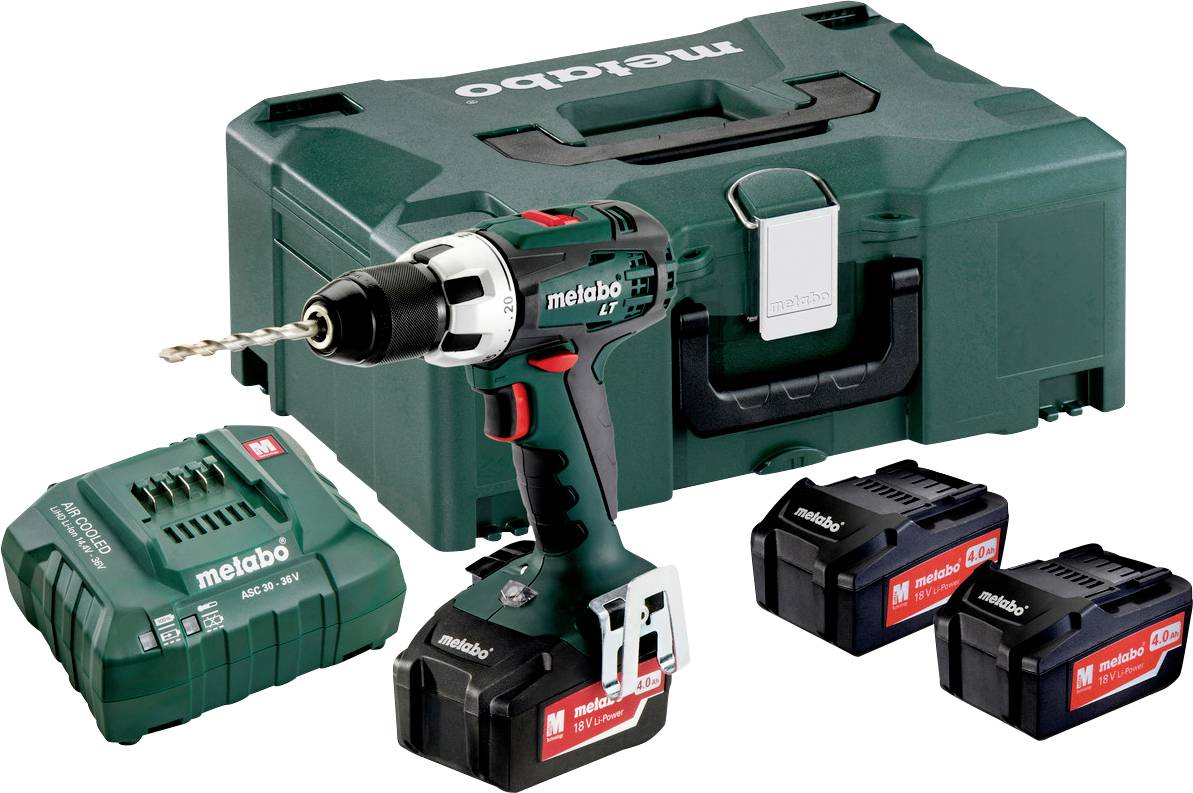 Cordless drill set comprising an electric screwdriver, three batteries, a charger and a carry case, all branded with 'metabo' markings.